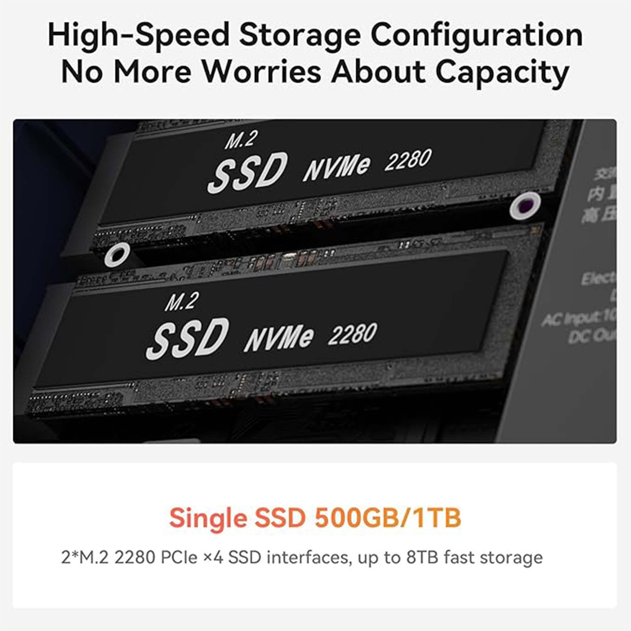 Dwa dyski SSD M.2 NVMe 2280, oferujące do 8 TB szybkiej pamięci.