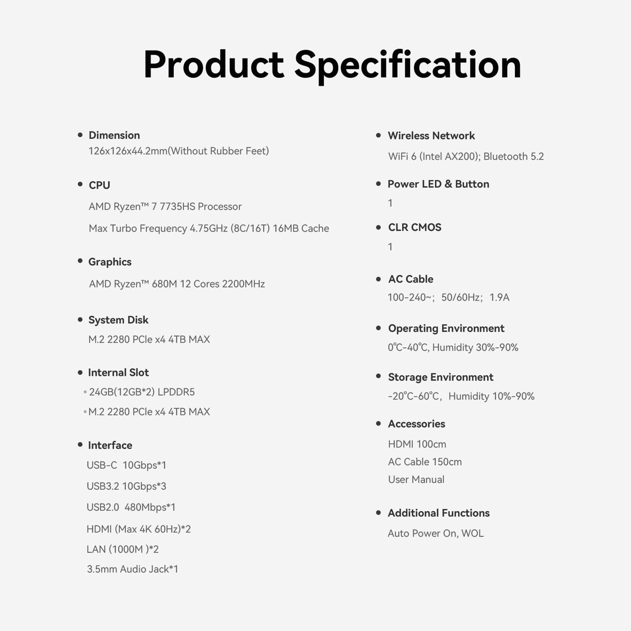 Specyfikacja produktu: wymiary, CPU, grafika, pamięć masowa, interfejsy, sieć, zasilanie.