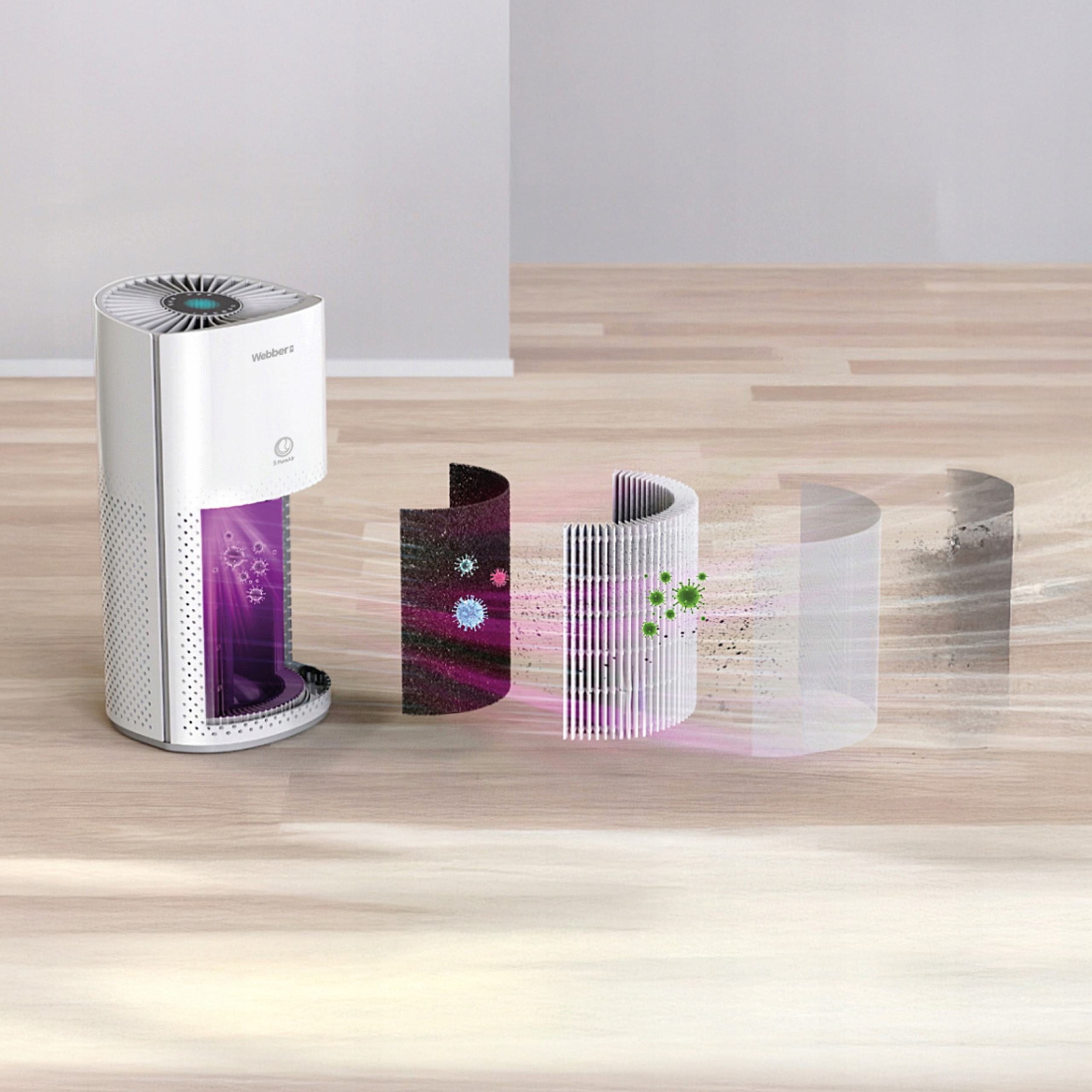 Oczyszczacz powietrza z odfiltrowanymi wirusami i bakteriami na drewnianej podłodze.