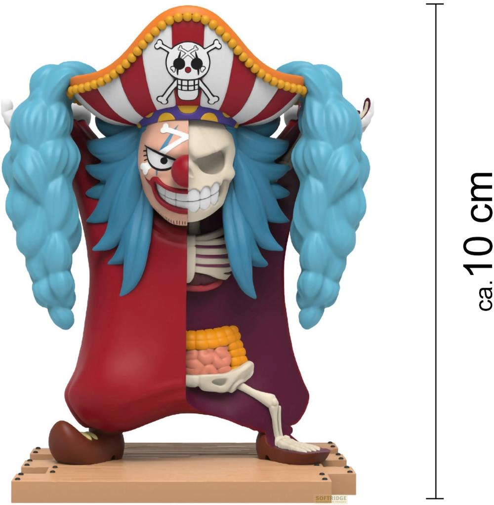 Figura z twarzą klauna i szkieletu, niebieskimi włosami i pirackim kapeluszem.