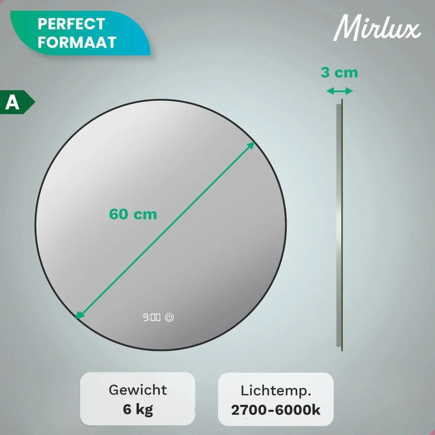 Ronde spiegel, 60 cm diameter, 3 cm diepte. Gewicht 6 kg.