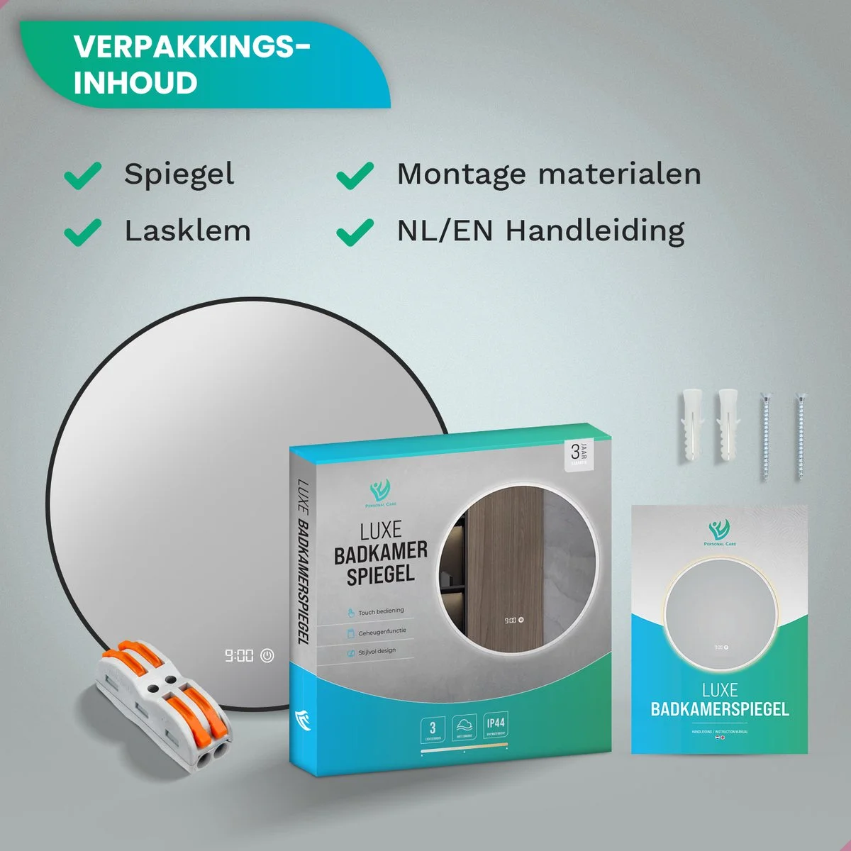 Spiegel, lasklem, verpakking, montagematerialen en handleiding.
