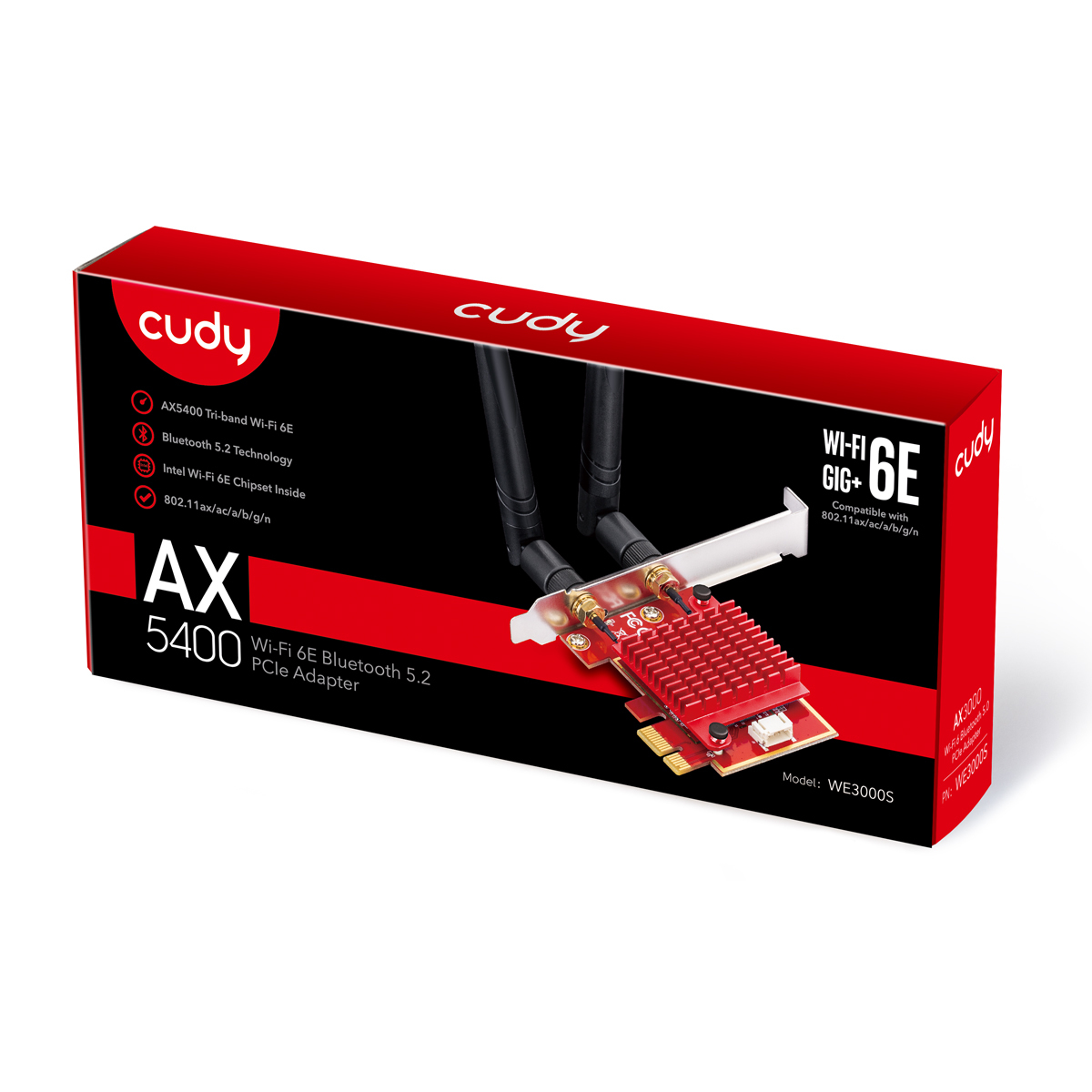 Adapter PCIe Cudy AX5400 z Wi-Fi 6E i Bluetooth 5.2 na czerwonej płytce z antenami.