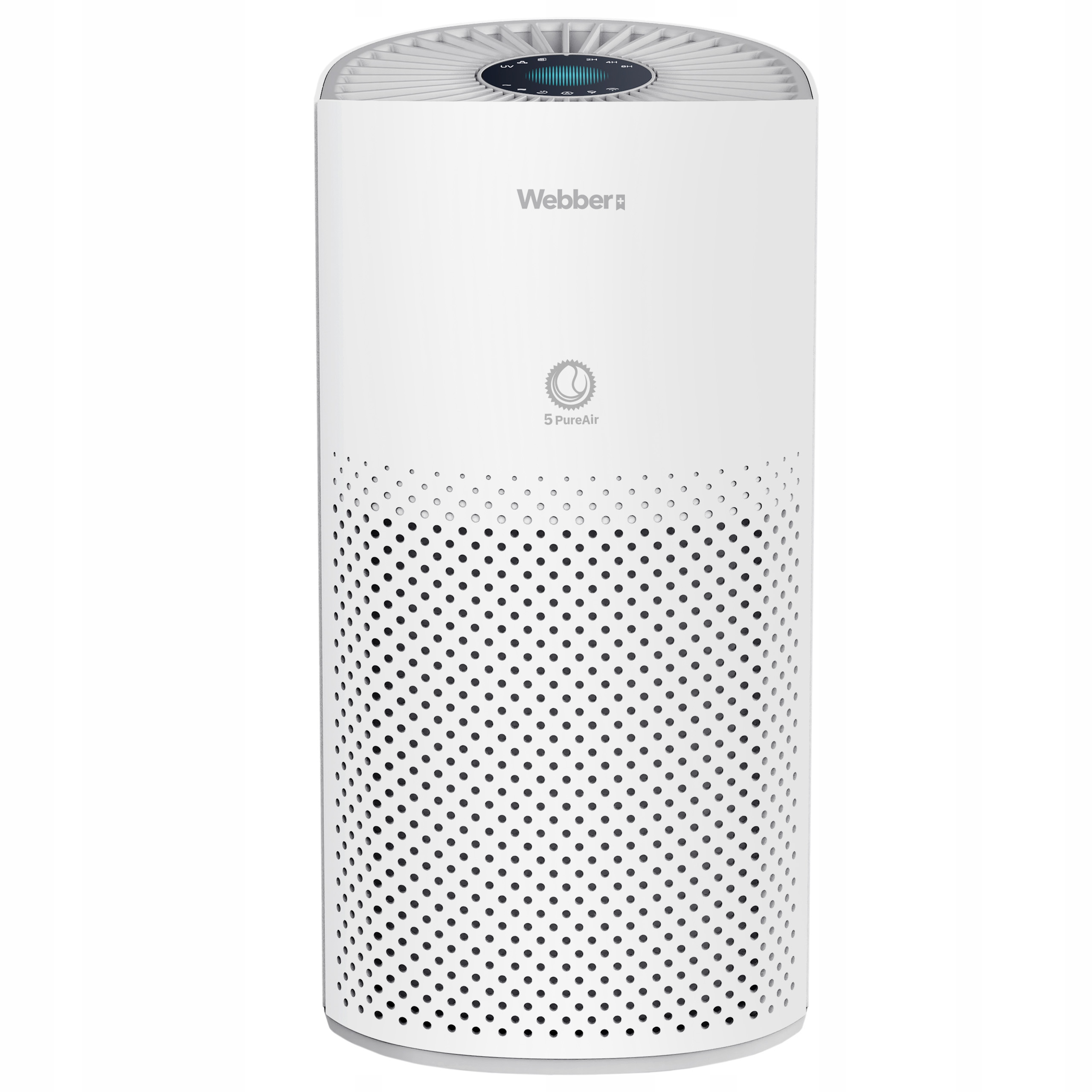 Biały oczyszczacz powietrza z perforowaną obudową i cyfrowym wyświetlaczem.