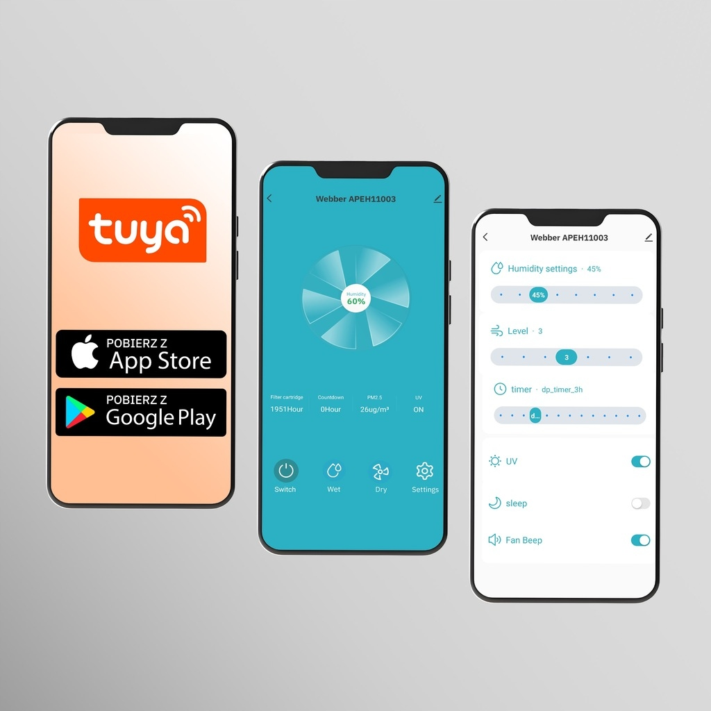 Trzy smartfony wyświetlają aplikację Tuya i ustawienia urządzenia.