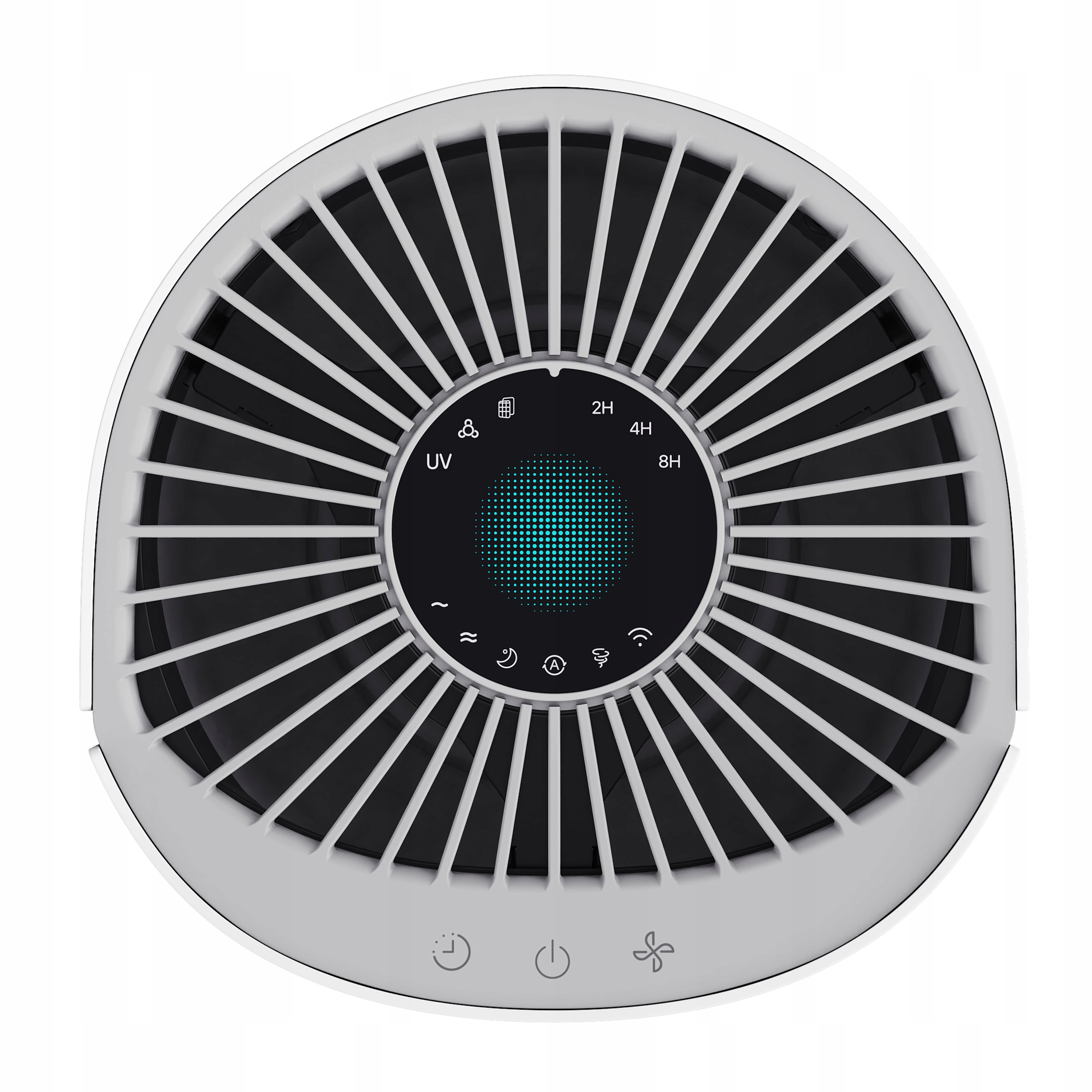 Okrągły biały oczyszczacz powietrza z czarną kratką i niebieskimi światłami.