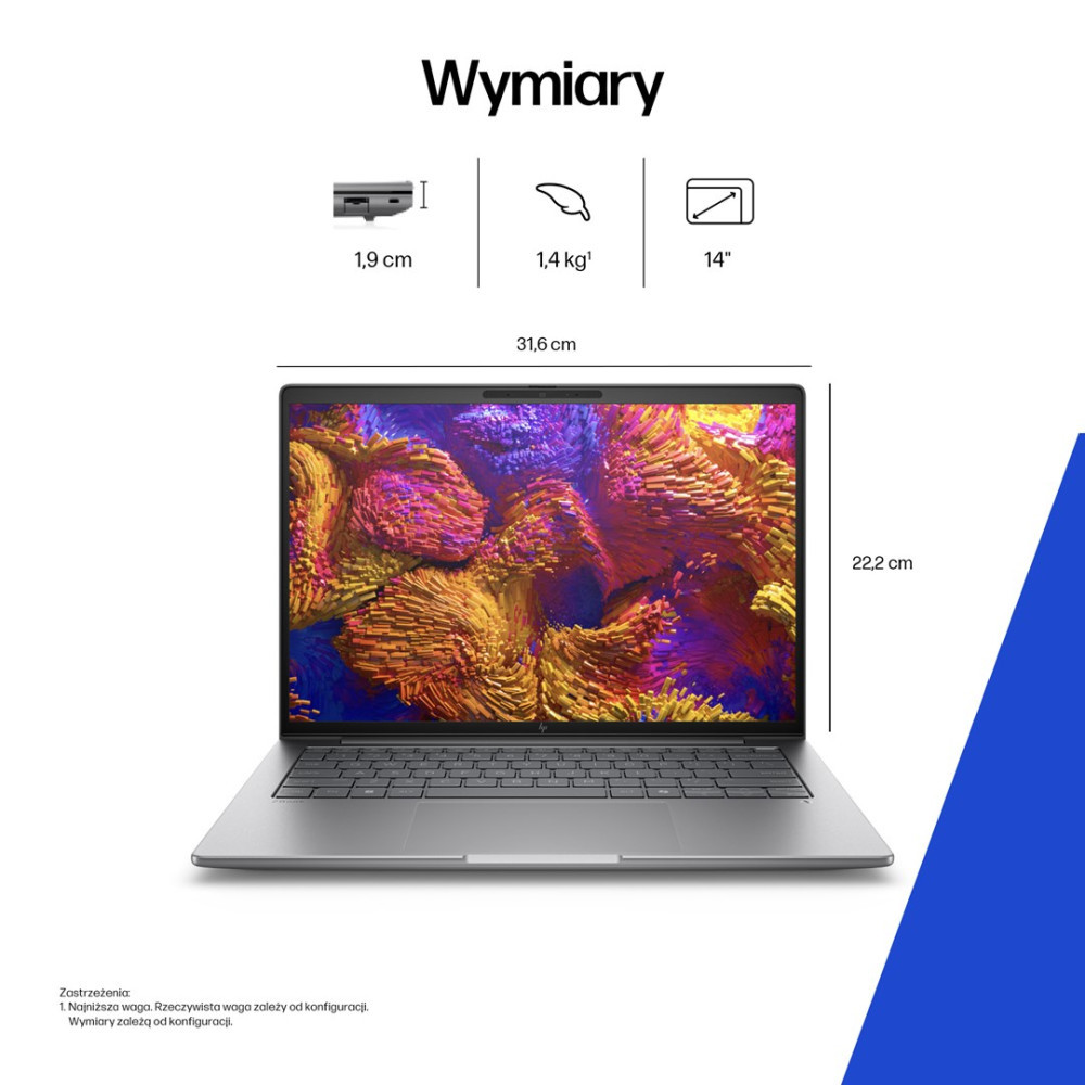 Srebrny laptop 14-calowy, grubość 1,9 cm, waga 1,4 kg.