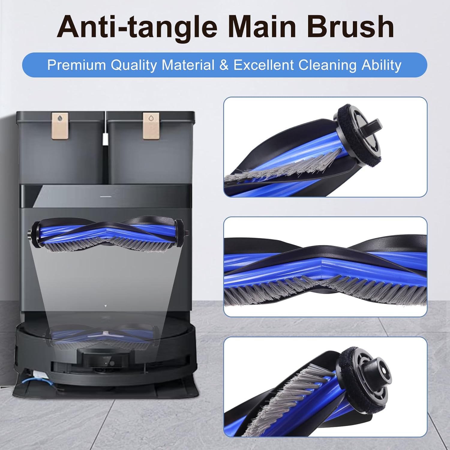 Odkurzacz automatyczny z główną szczotką zapobiegającą plątaniu i stacją ładująco-opróżniającą.