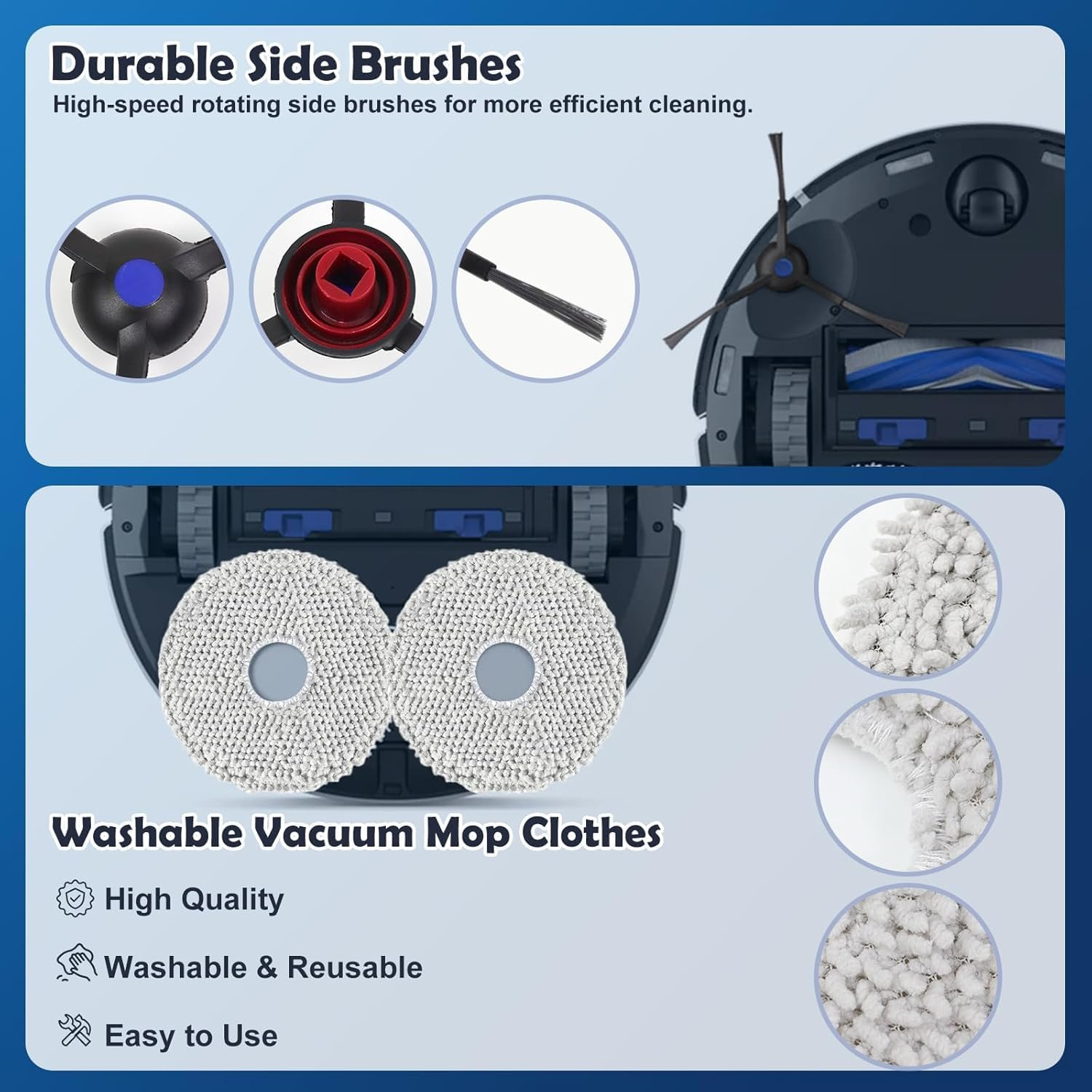 Pokazano szczotki odkurzacza robota i zmywalne mopy. Zbllenia części szczotek i tekstury ściereczki.