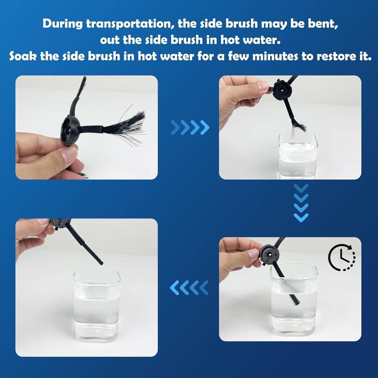 Zgięta główka szczotki bocznej jest moczona w gorącej wodzie w celu przywrócenia kształtu.