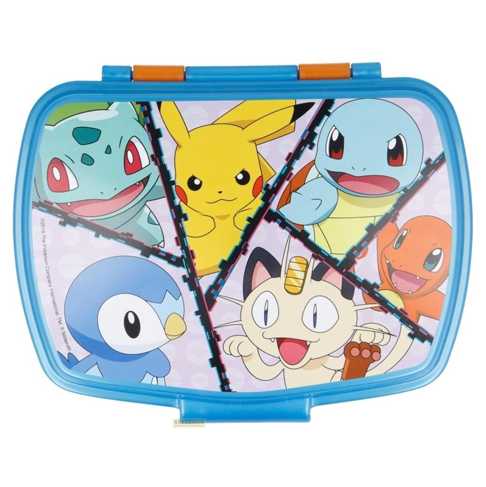 Blauer Behälter mit Pokémon-Figuren: Bulbasaur, Pikachu, Squirtle, Piplup, Meowth, Charmander.
