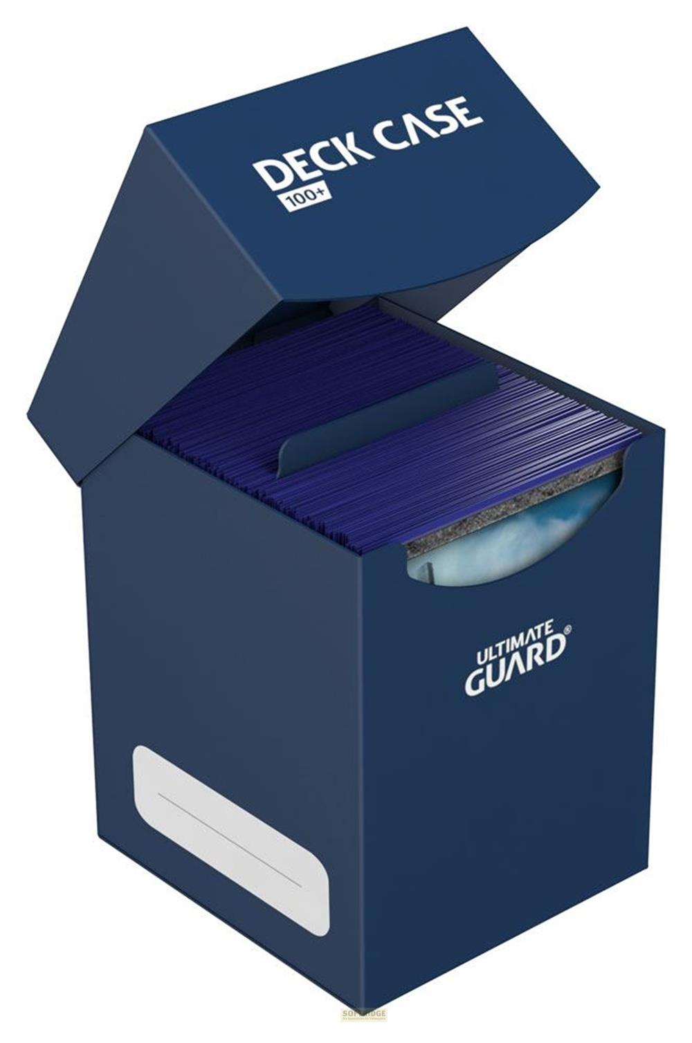 Custodia blu scuro con coperchio aperto, piena di carte blu.