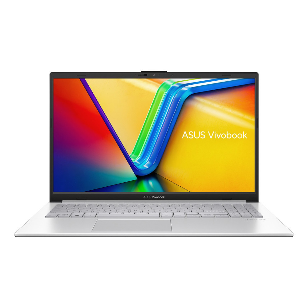Srebrny laptop Asus Vivobook z kolorową tapetą i klawiaturą.