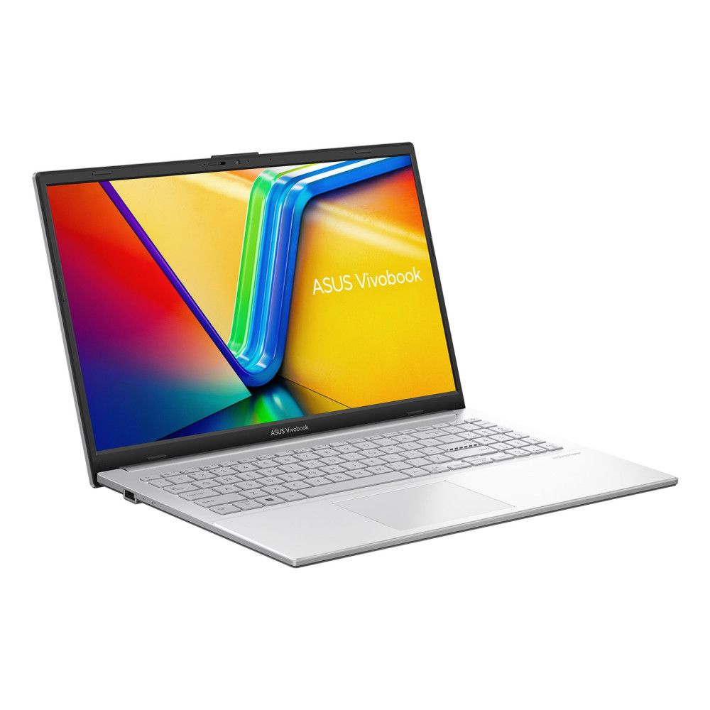 Srebrny laptop Asus Vivobook z kolorową tapetą.