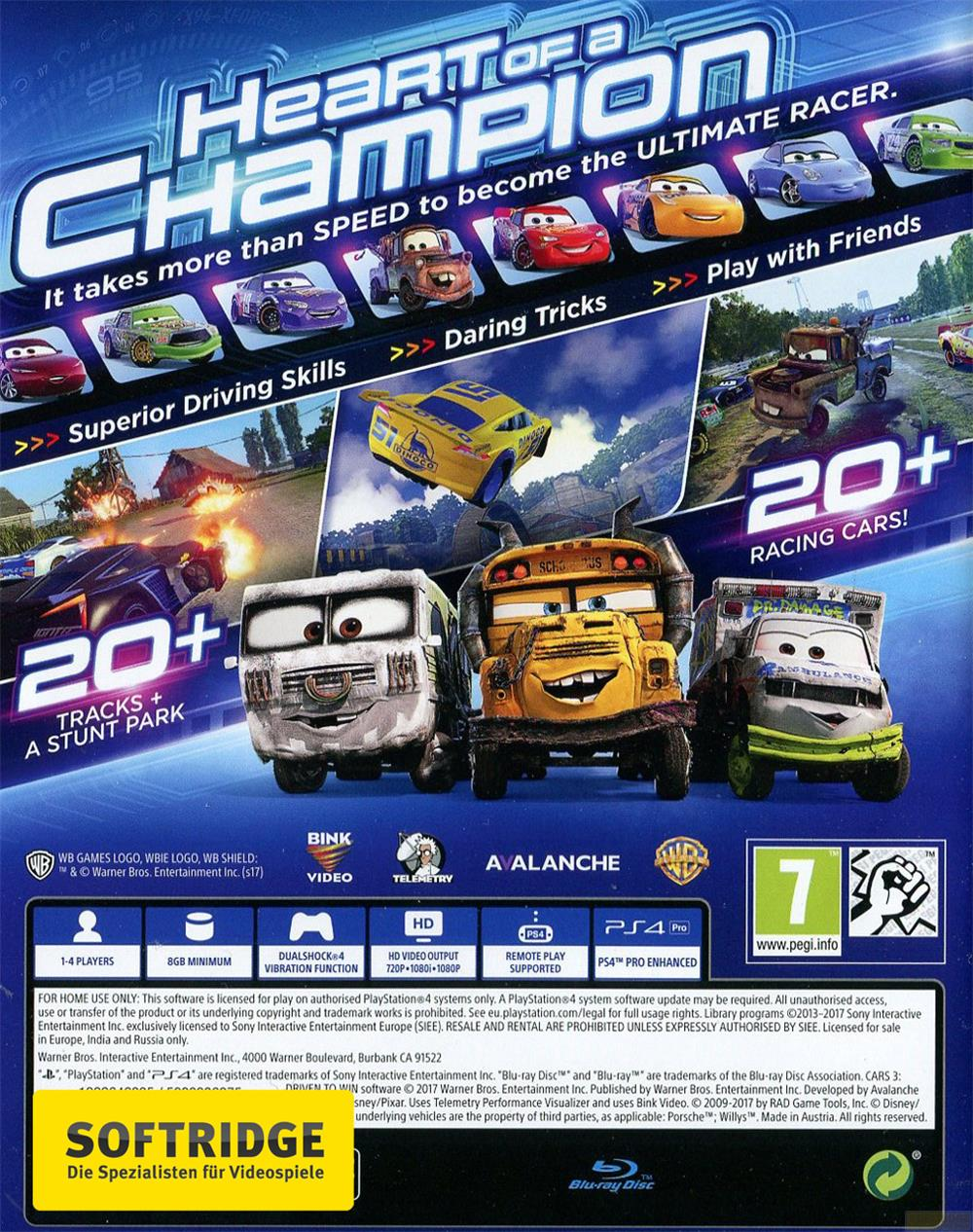 La copertina del videogioco "Cars 3: Heart of a Champion" presenta molte auto da corsa e il titolo del gioco.