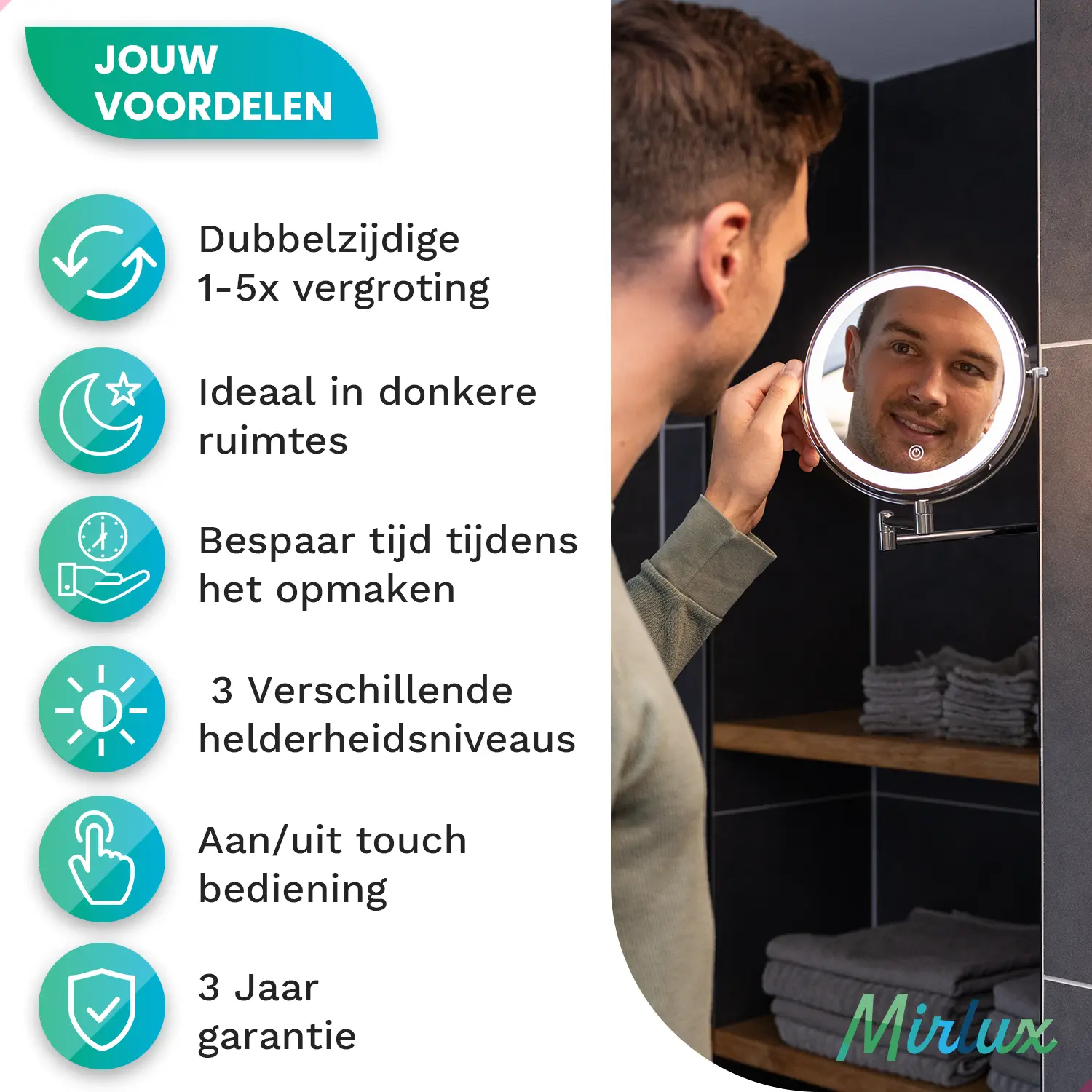 Man kijkt in verlichte make-up spiegel. Voordelen opgesomd.