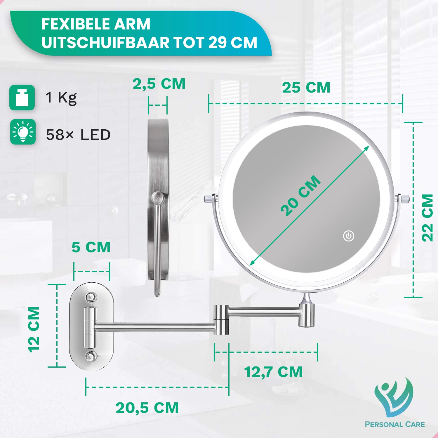 Een 1kg wandspiegel met 58 LED's en flexibele arm.