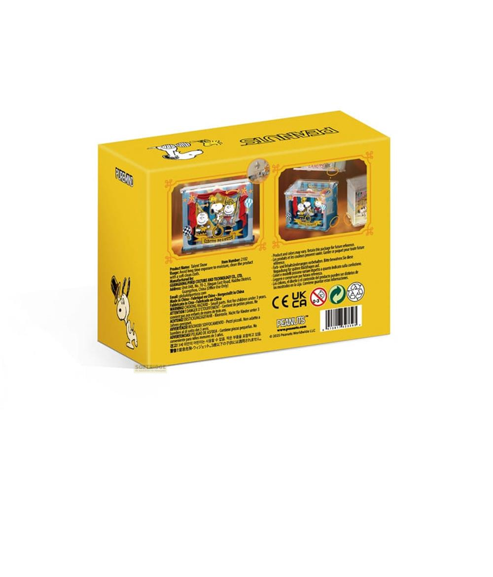Boîte jaune Peanuts avec illustration de Snoopy, montre deux fenêtres avec des scènes.