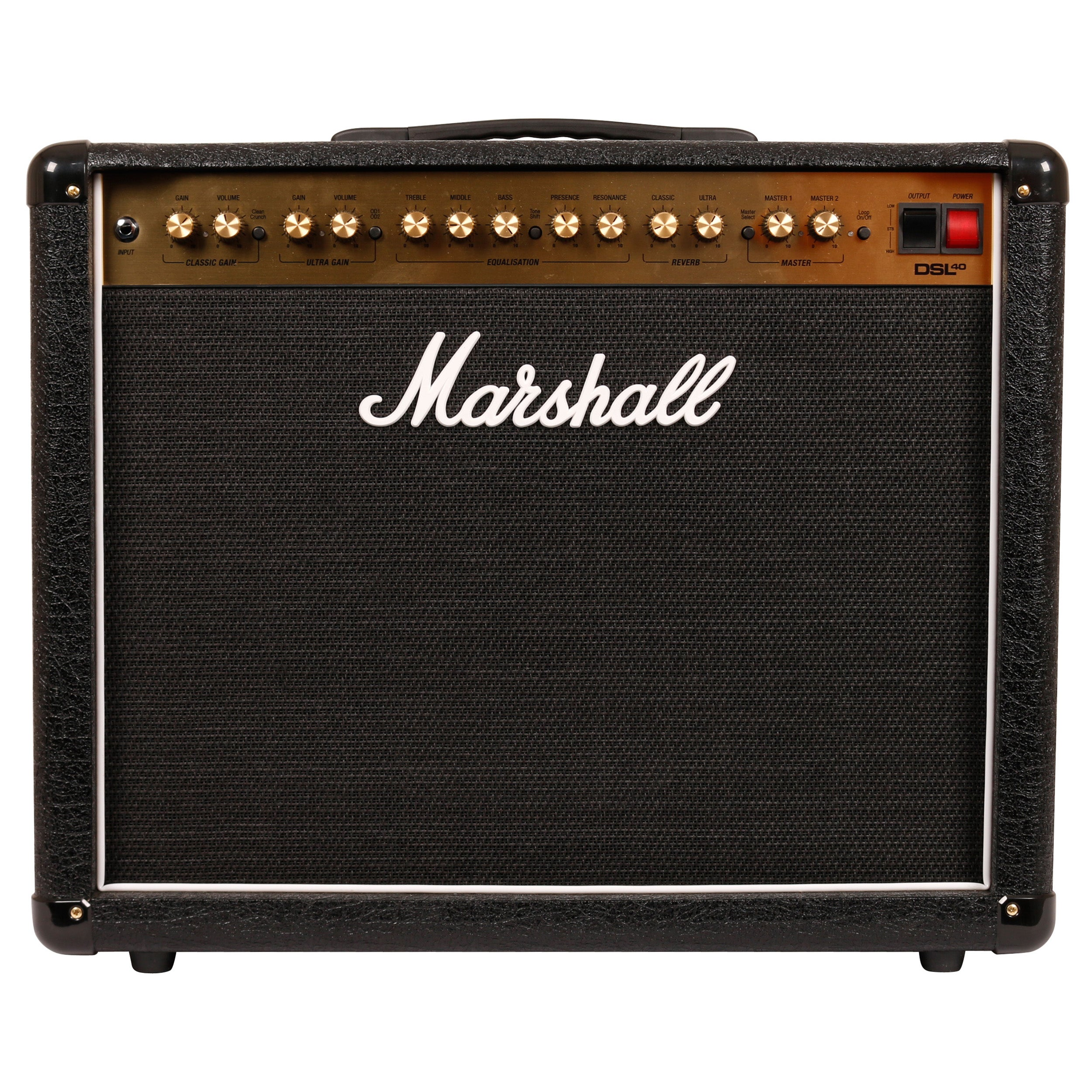 Een Marshall DSL40 gitaarversterker met een zwart stoffen rooster en gouden knoppen.