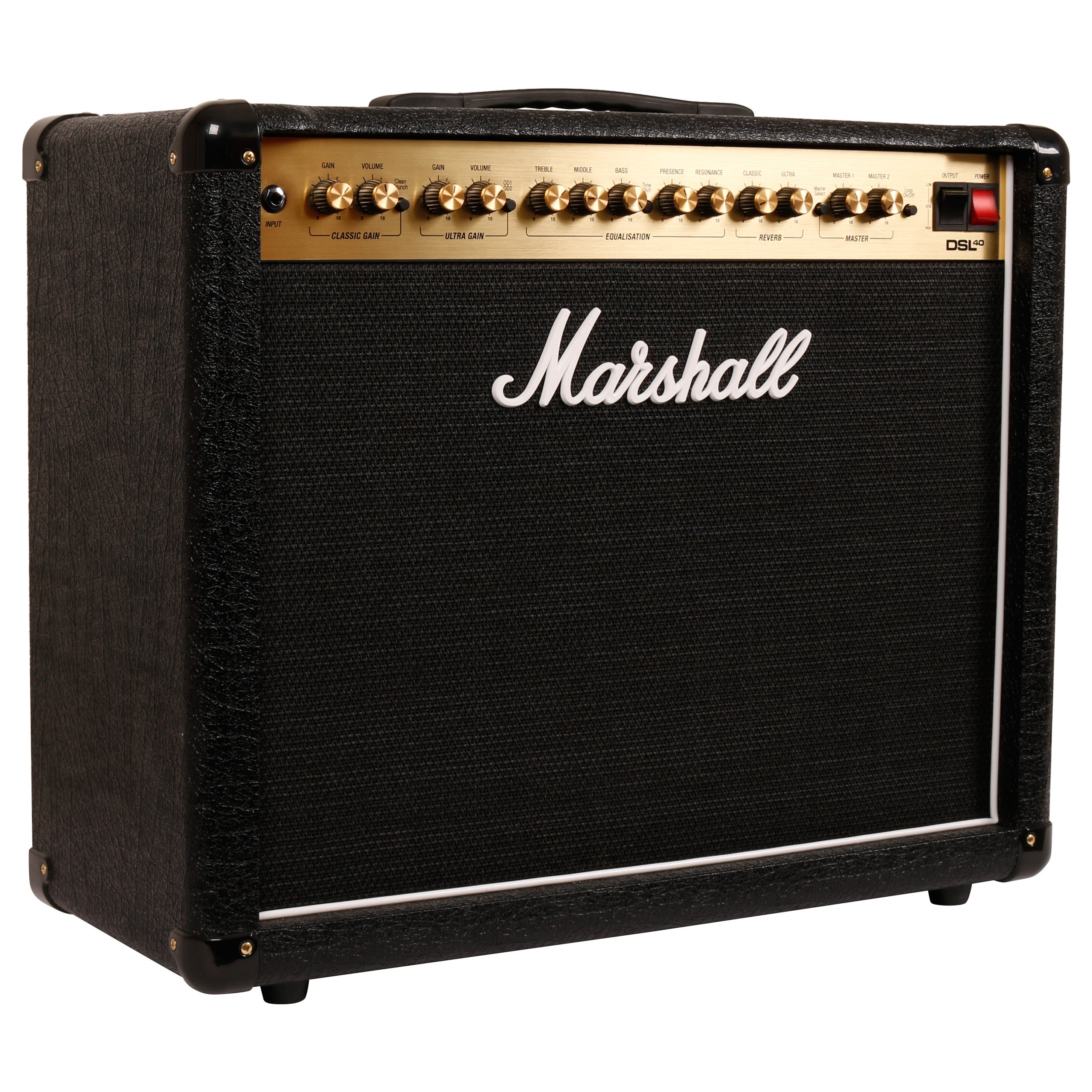 Een zwarte Marshall DSL40 gitaarversterker met gouden bedieningsknoppen en zwart luidsprekerdoek.