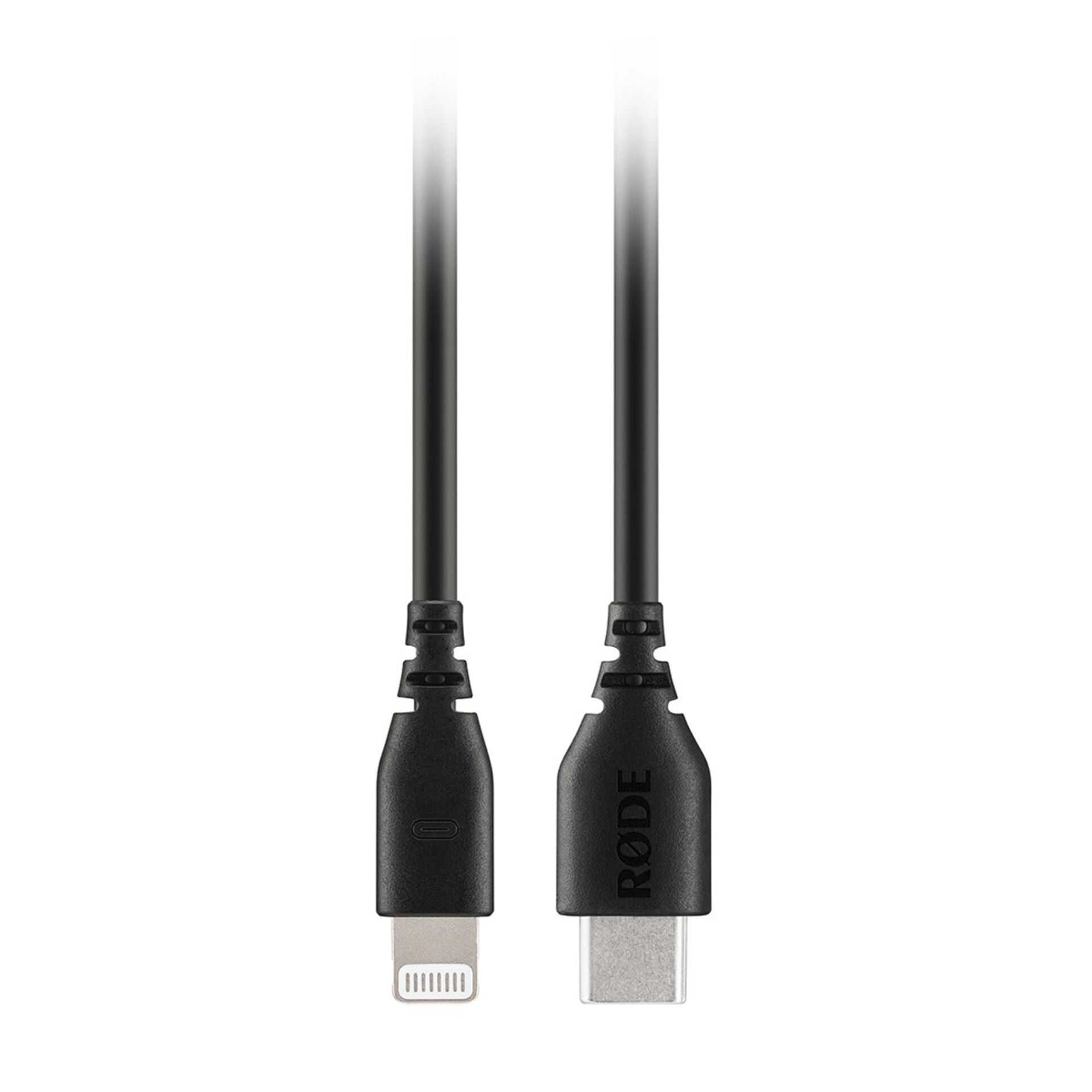 Czarny kabel ze złączami Lightning i USB-C. Logo RØDE na jednym złączu.