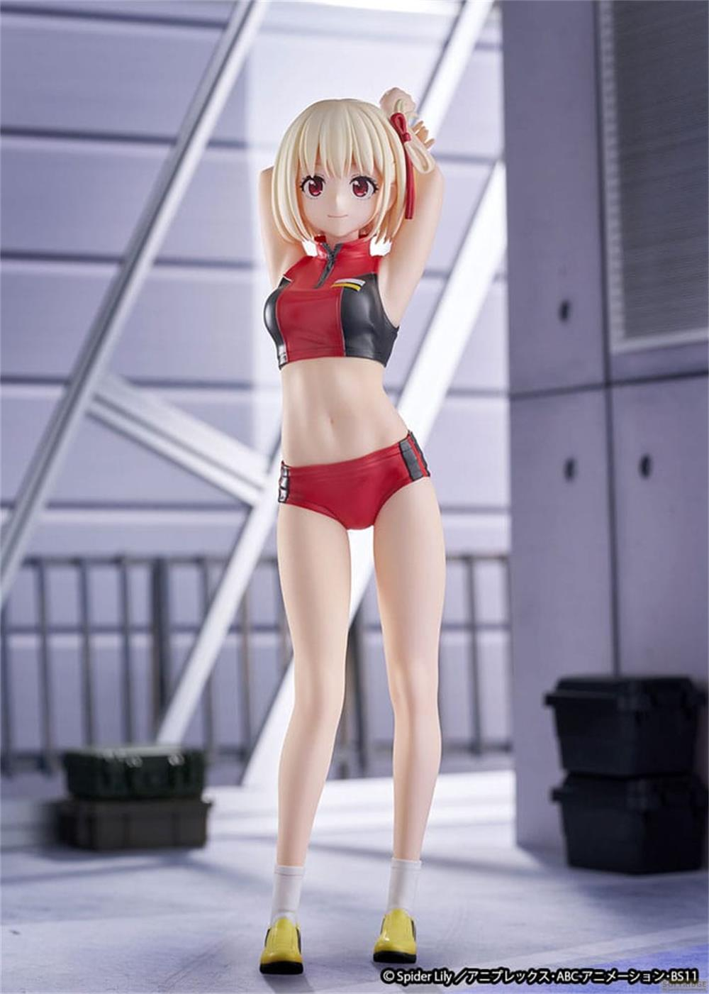 Anime-Figur in rotem Sport-BH und Shorts, Haare zu Zöpfen gebunden.