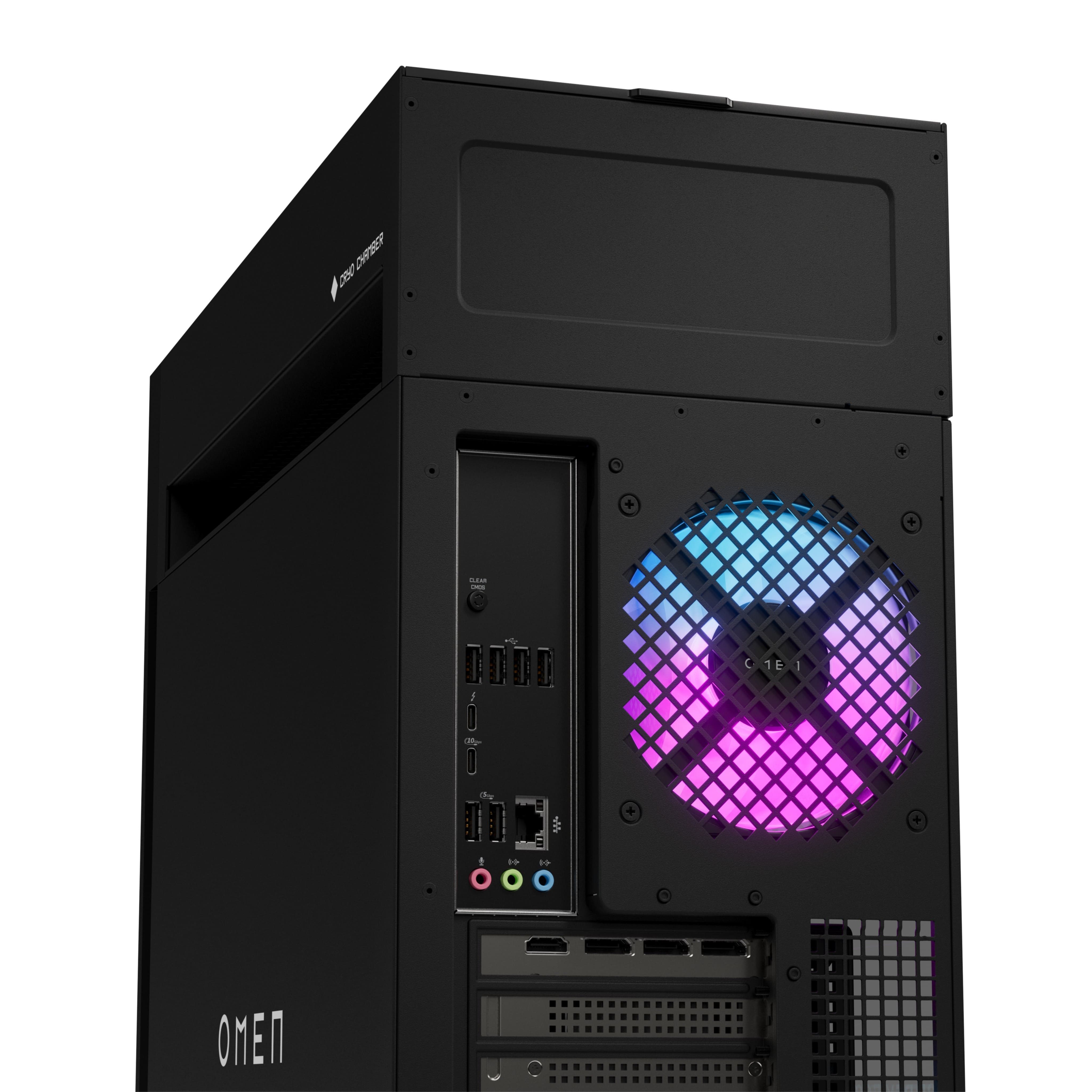 Zwarte pc-behuizing met verlichte ventilator en poorten.