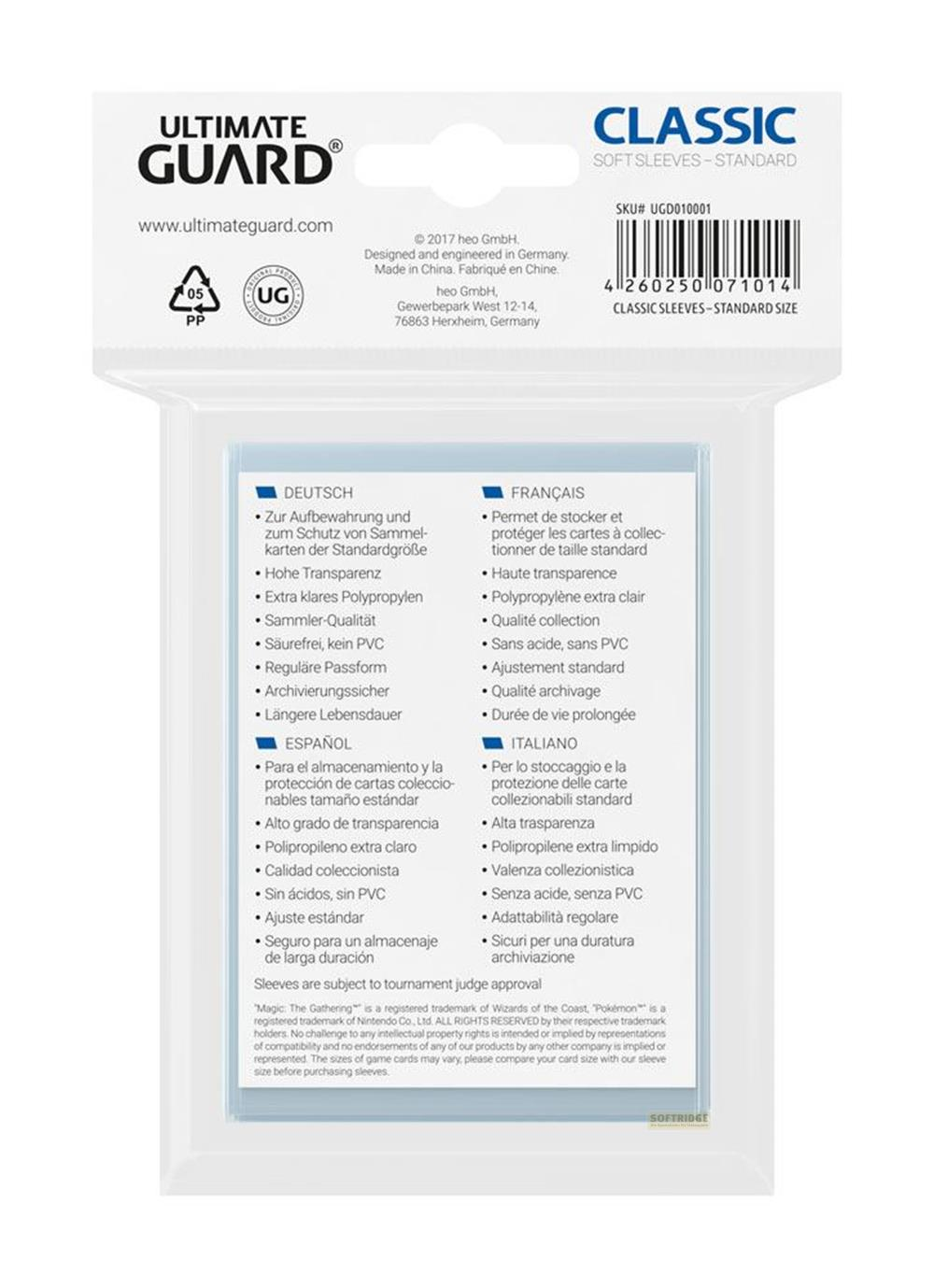 Confezione Ultimate Guard Classic Soft Sleeves, misura standard, con caratteristiche multilingue.