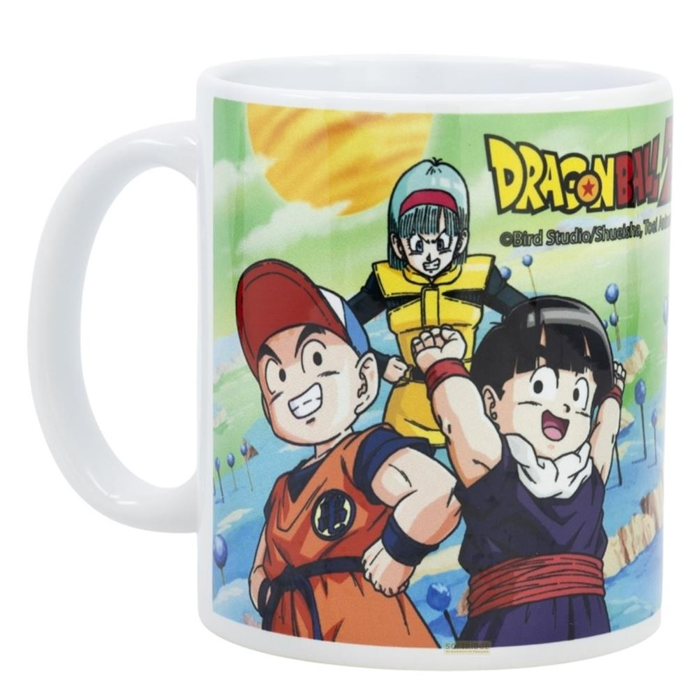 Tres personajes de Dragon Ball en una taza: Krillin, Bulma y Gohan.