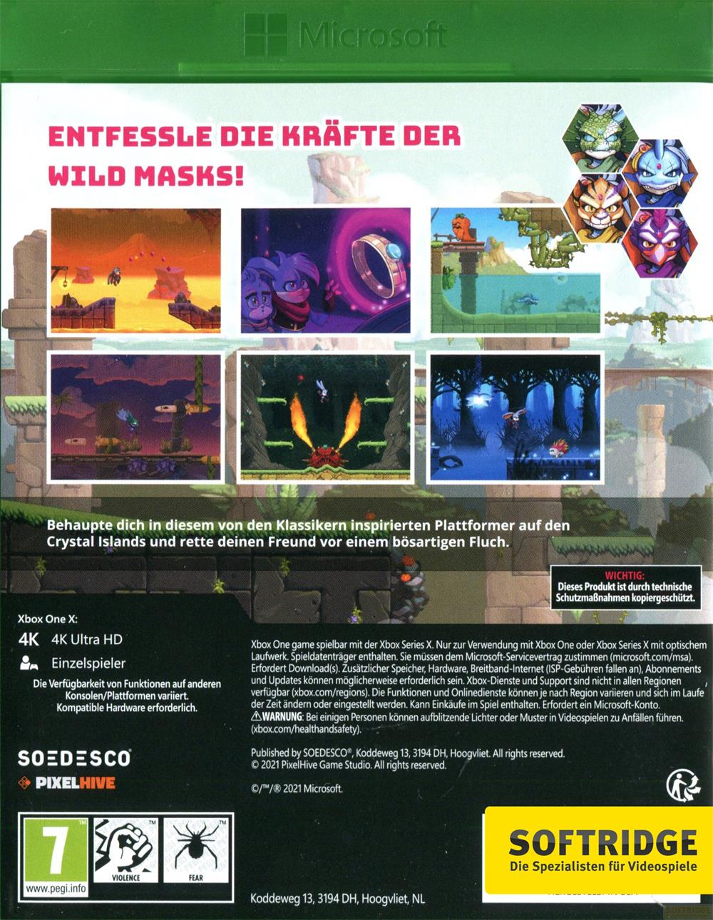 Spielcover mit Spielszenen, Charakteren und Texten.