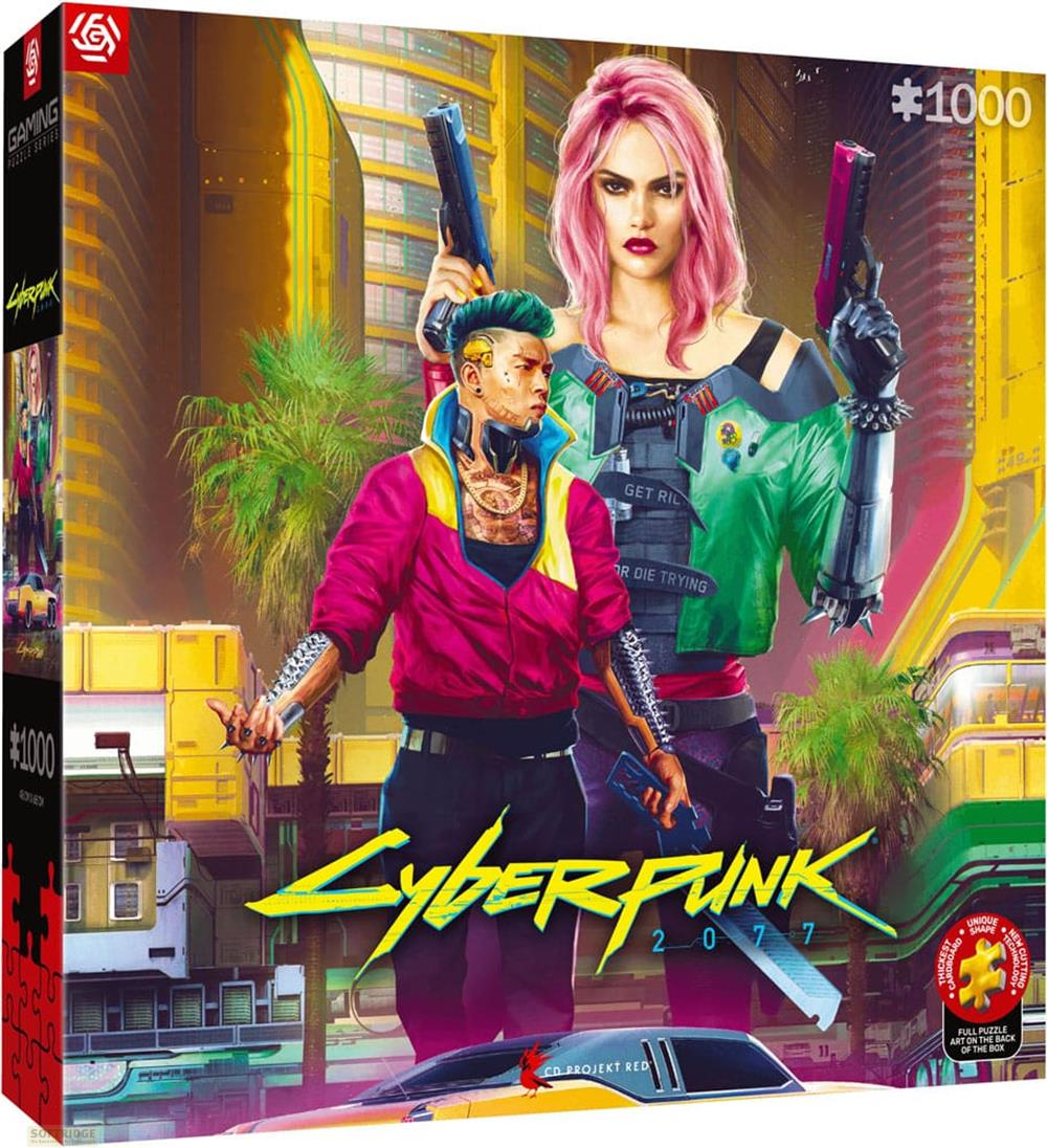 Puzzle Cyberpunk 2077: Uomo in giacca verde e donna con capelli rosa impugnano pistole.