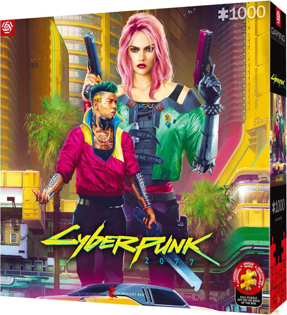 Scatola puzzle Cyberpunk 2077: Due figure con pistole davanti a uno scenario urbano futuristico.