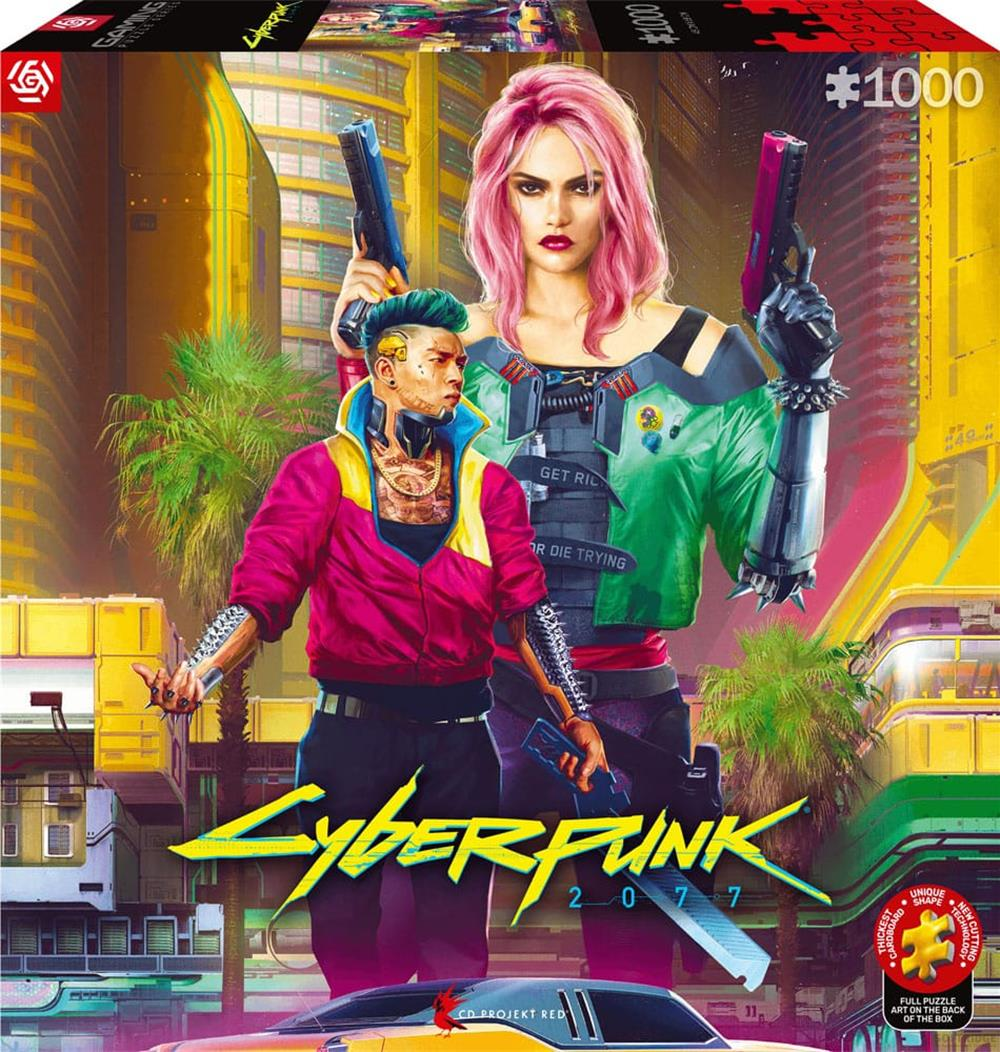 Puzzle Cyberpunk 2077: Uomo capelli verdi, donna capelli rosa impugnano pistole.