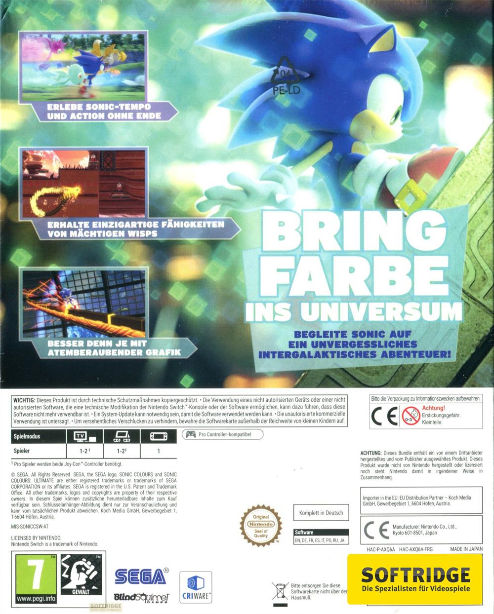 Sonic le hérisson court sur la couverture du jeu vidéo, avec du texte en allemand.