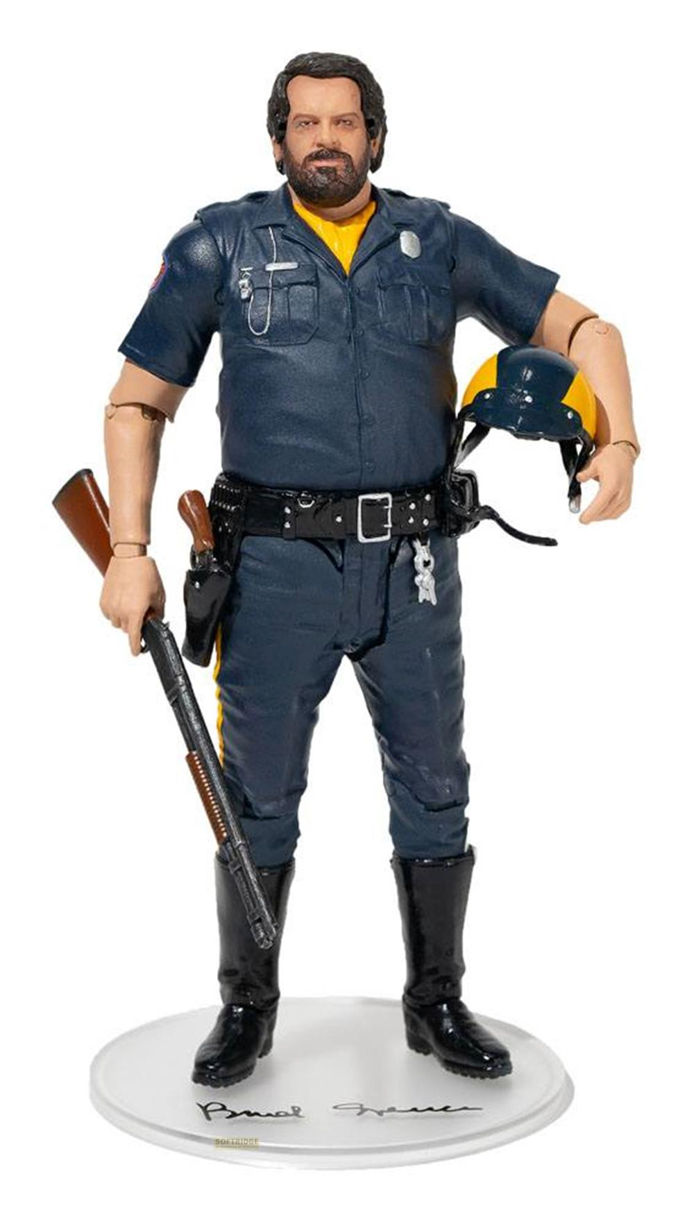 Eine Figur eines Polizisten in Uniform mit Gewehr und Helm.