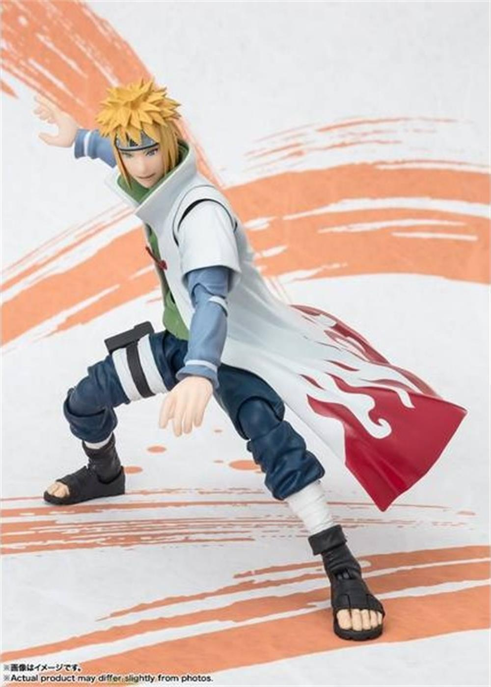 Figura di Minato Namikaze in azione, veste bianca con motivo a fiamma rossa, pantaloni blu.