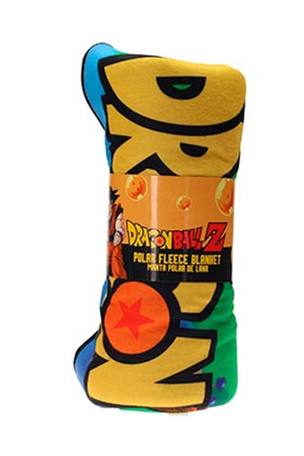 Gerollte Dragon Ball Z-Fleece-Decke mit Sternen und Charakterabbildungen.