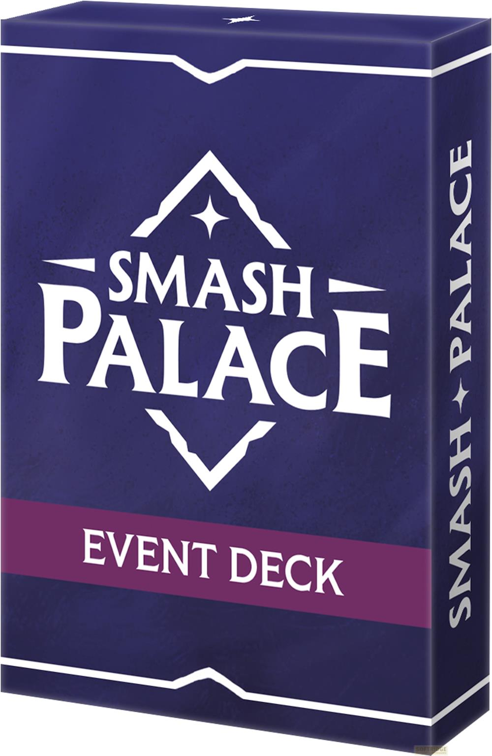 Scatola blu scuro con logo bianco "Smash Palace" e testo "Event Deck".