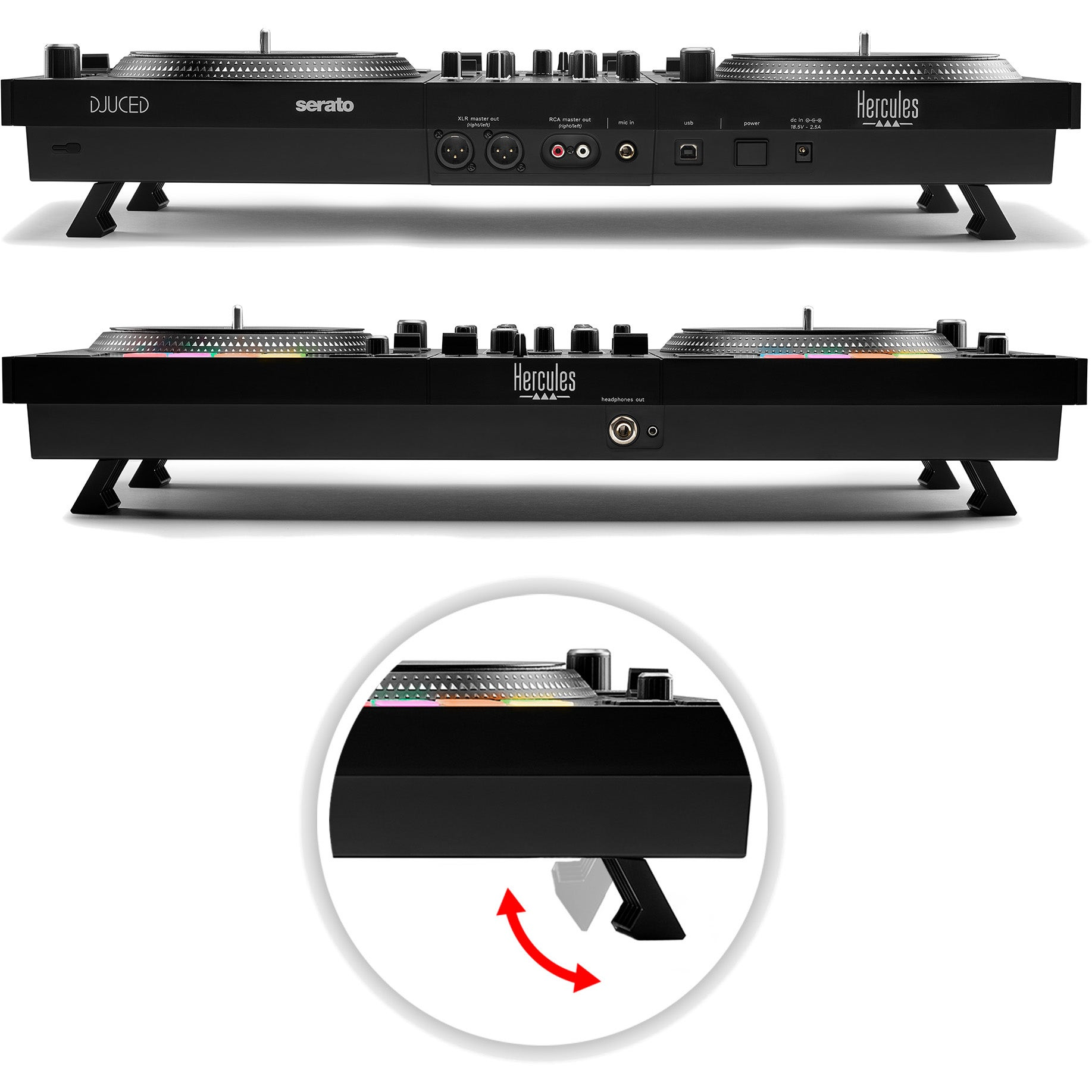 Schwarzer DJ-Controller mit zwei Plattentellern und vielen Knöpfen und Anschlüssen.
