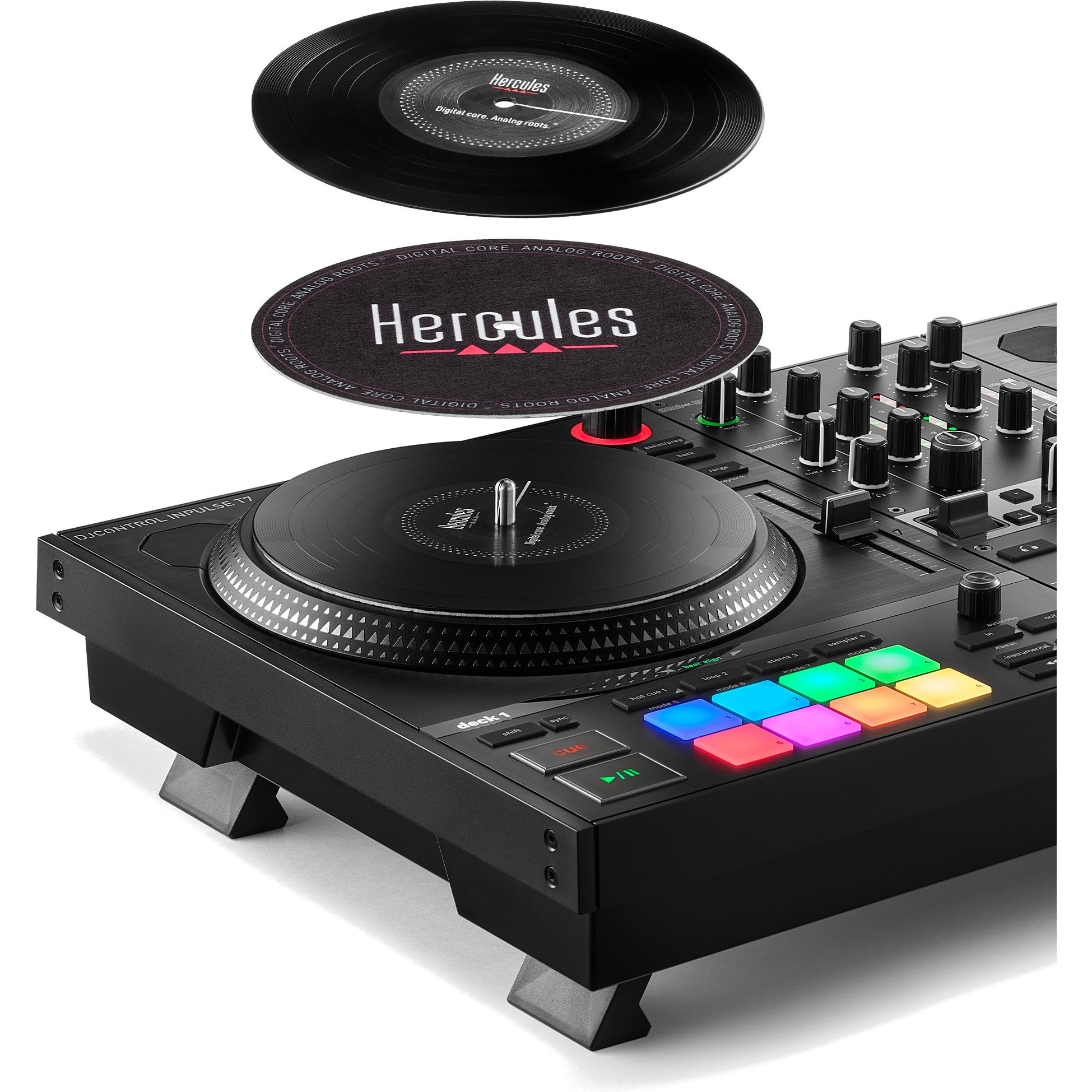 Ein schwarzer DJ-Plattenspieler mit leuchtenden Pads und einem Plattenteller.