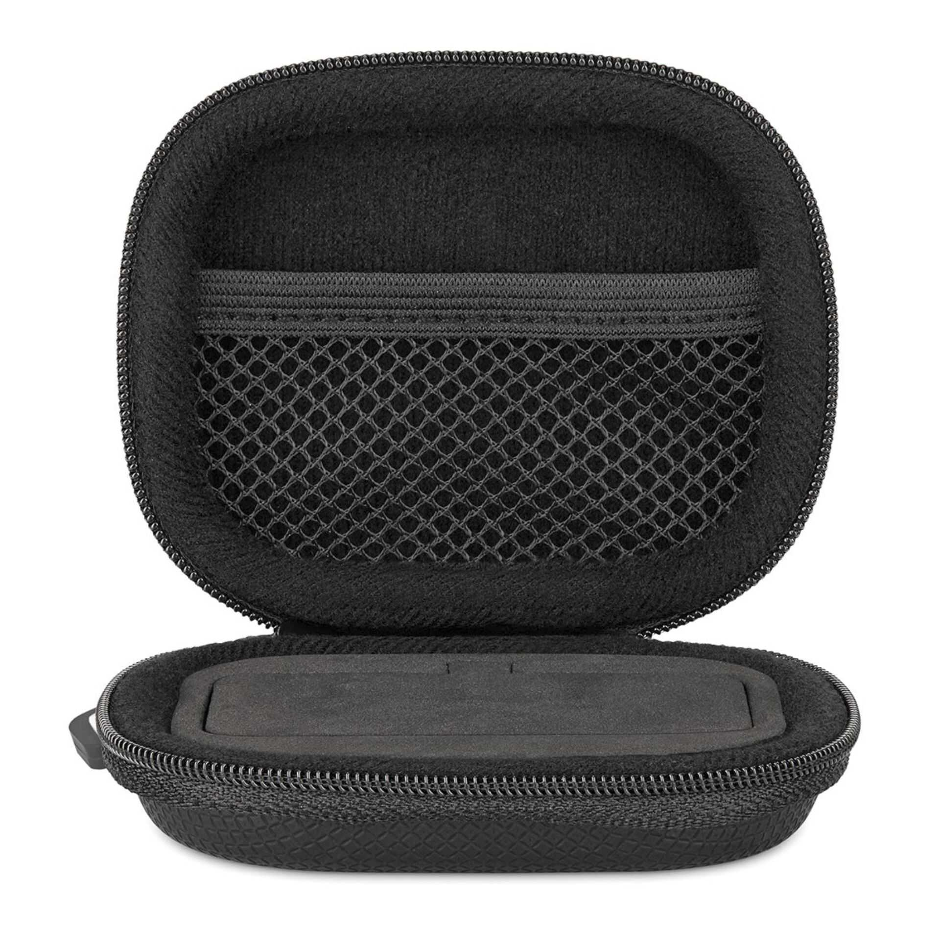 Otwarty czarny sztywny futerał z siateczkową kieszenią i wyściełanym wkładem.