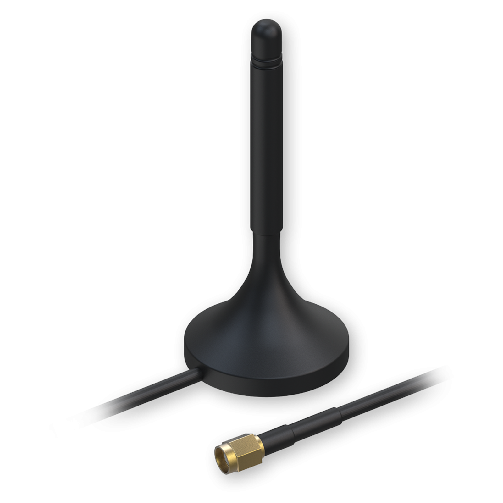 Antenne noire avec base ronde et câble.