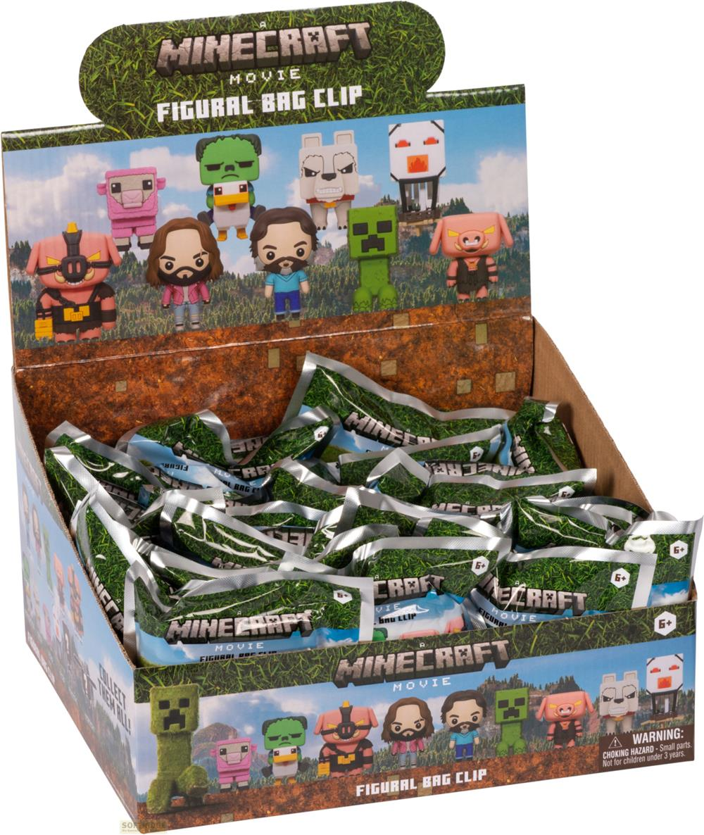 Minecraft Movie Figural Bag Clip Display Box mit vielen Verpackungen und Figuren.