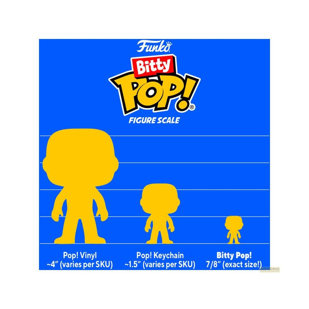 Funko Bitty Pop! Figurenschaal die Vinyl, Sleutelhanger en Bitty Pop maten toont.