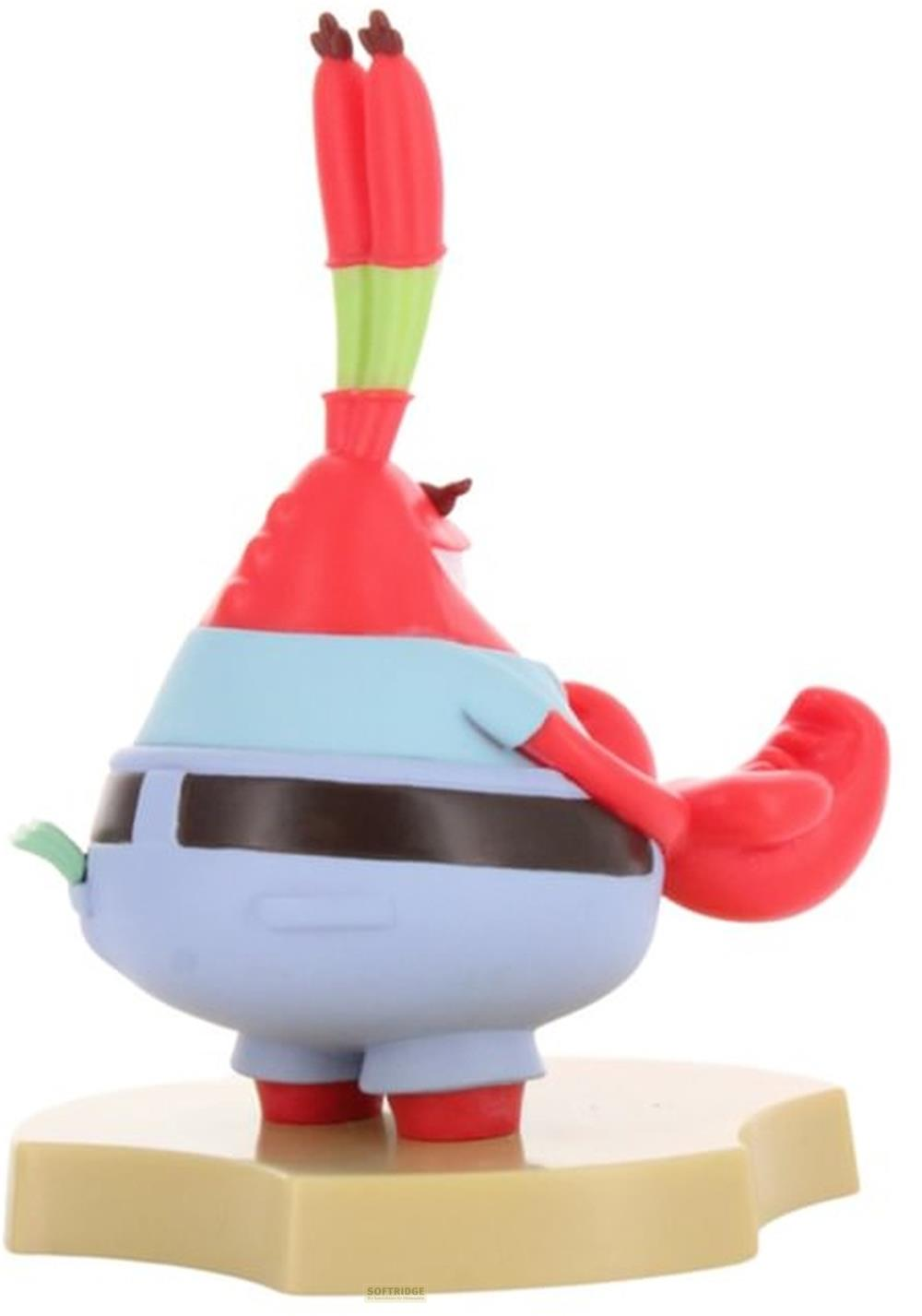 Eine Mr. Krabs-Figur mit roten Armen und Scheren, hellblauem Hemd und hellblauer Hose.