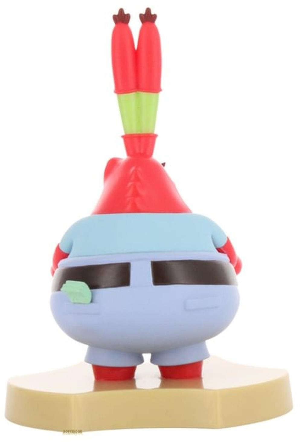 Mr. Krabs Figur von hinten, trägt blau und hellblaue Kleidung auf einem beigen Podest.