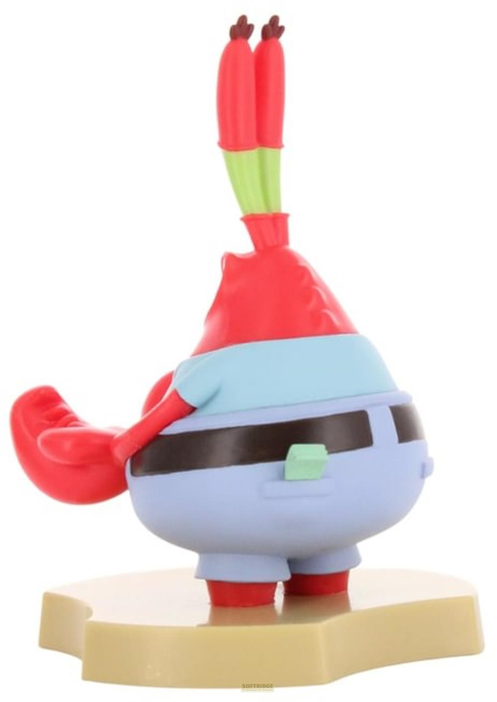 Mr. Krabs-Figur mit roten Klauen, blauem Hemd und hellblauer Hose auf braunem Sockel.