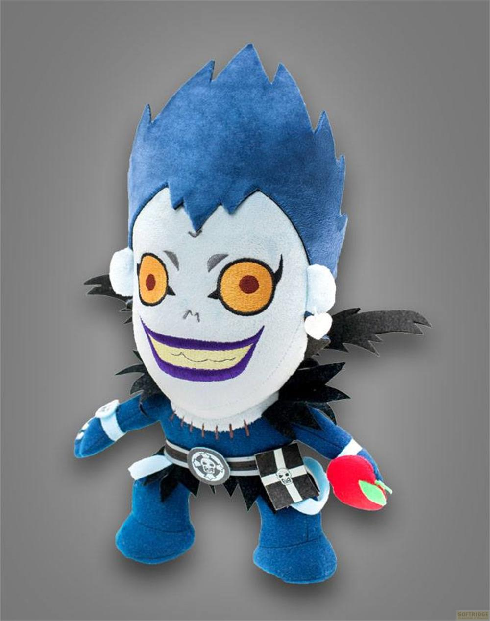 Ein blauer Plüsch-Ryuk mit einem roten Apfel in der Hand.