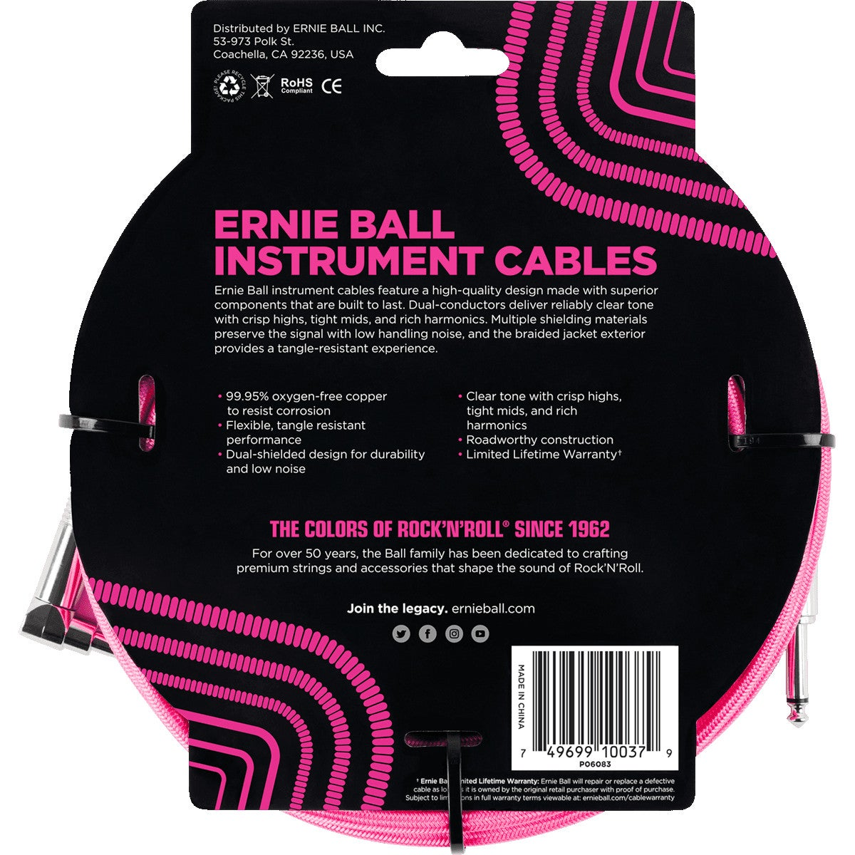 Confezione cavo strumento Ernie Ball con spirali rosa e informazioni sul prodotto.