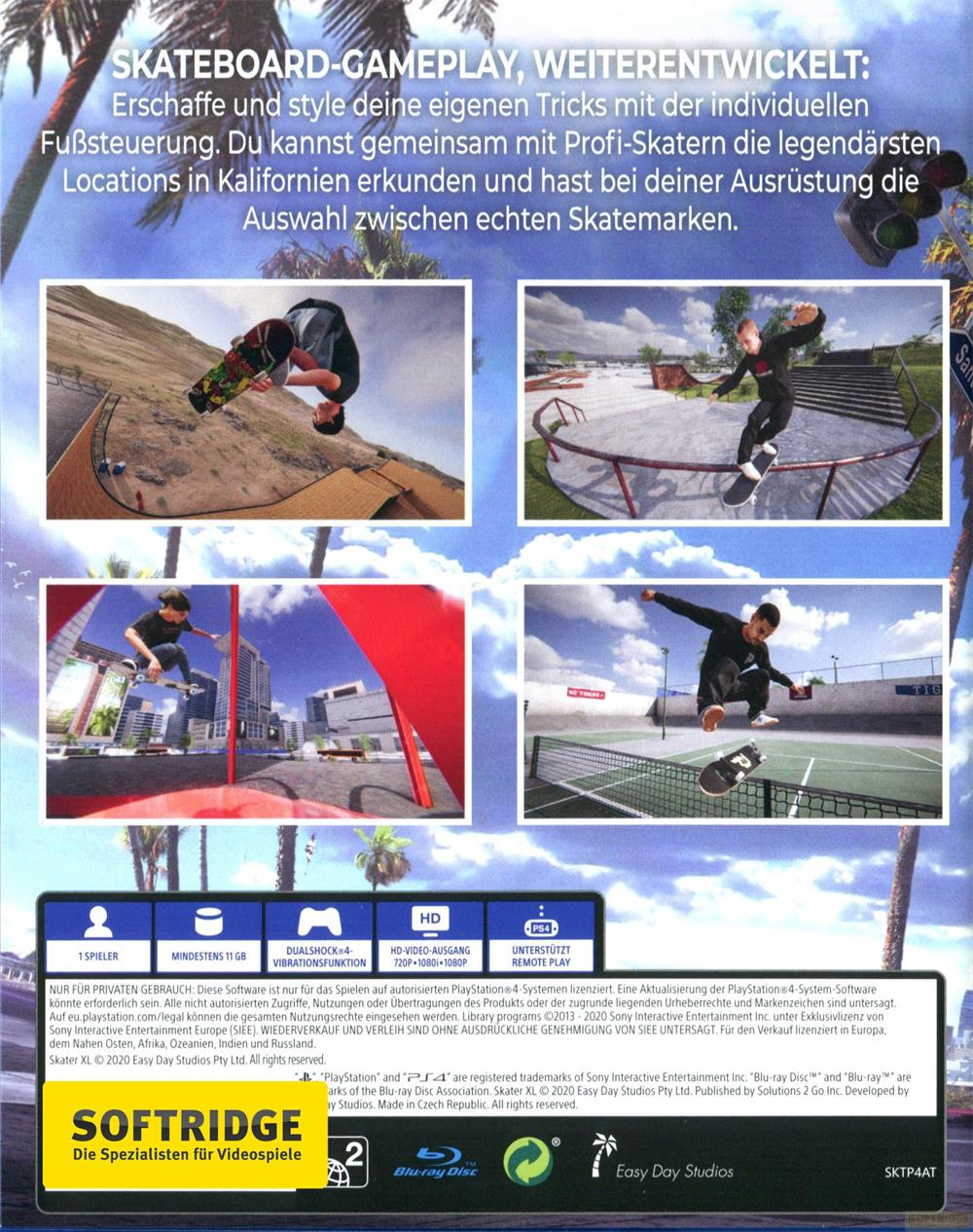 Gameplay de skateboard avec des figures, des lieux californiens et des options d'équipement.